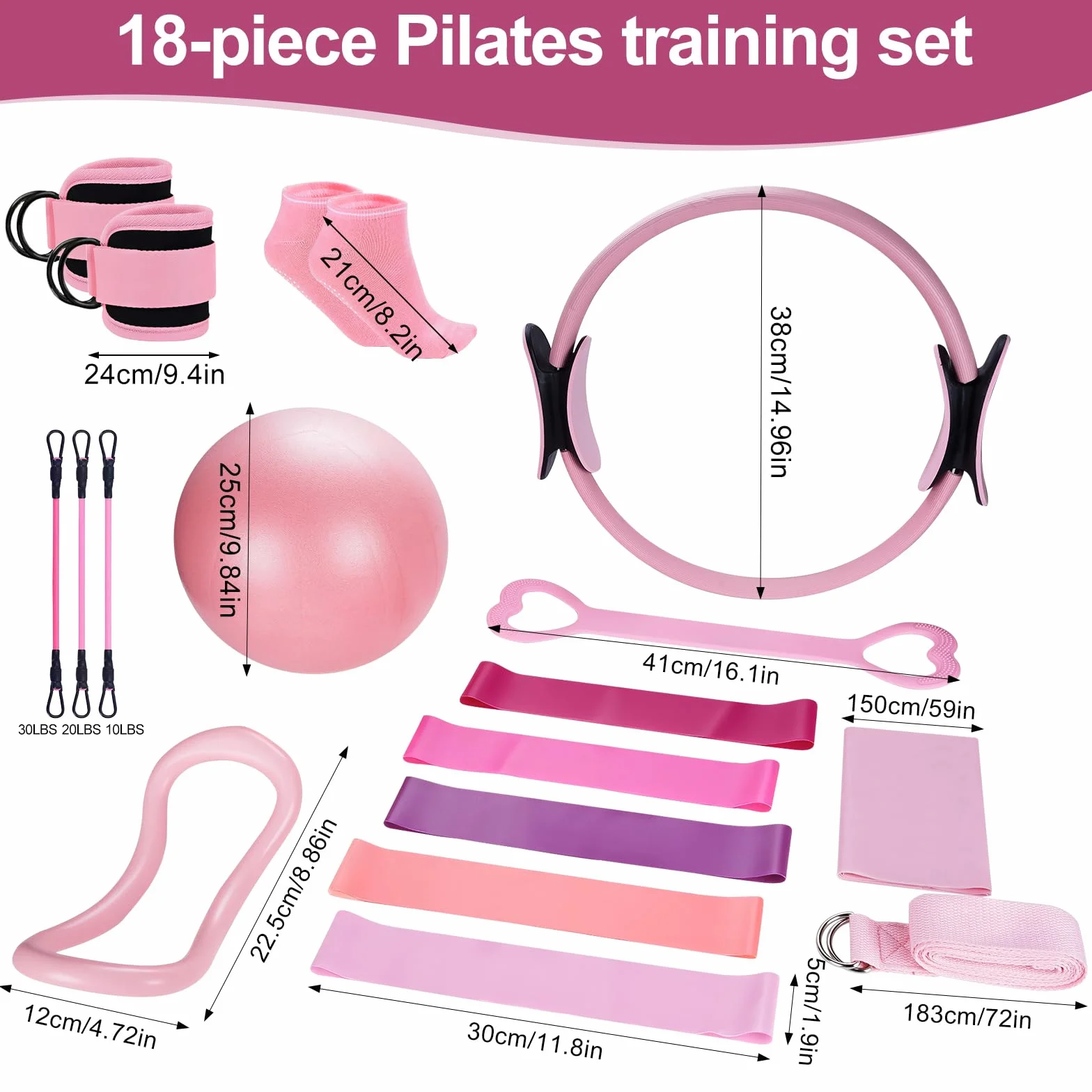 Kit Pilates 18 pièces avec Anneau de Pilates, Bandes de Résistance, Ballon de Yoga