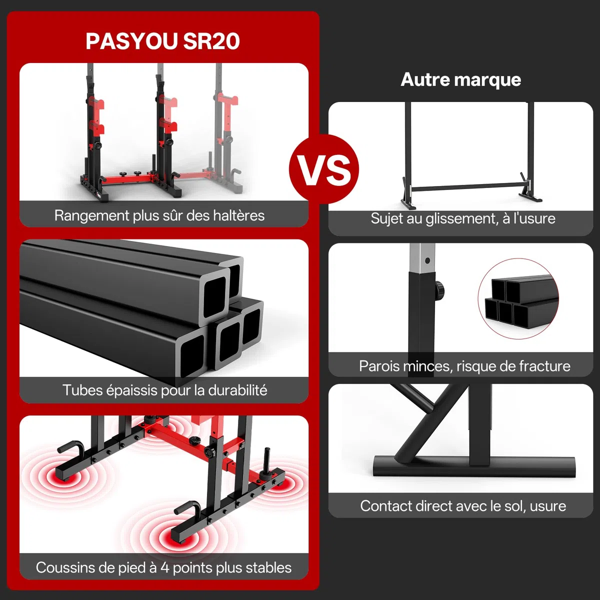 PASYOU Cages de squat,Multi-Fonction Supports de Squat Réglable, Squat Rack Musculation Avec Push up,Fitness Multifonction, Robuste, Noir&Rouge | Support de squat robuste réglable en hauteur, convient pour les squats, développé couché, musculation, 544,3