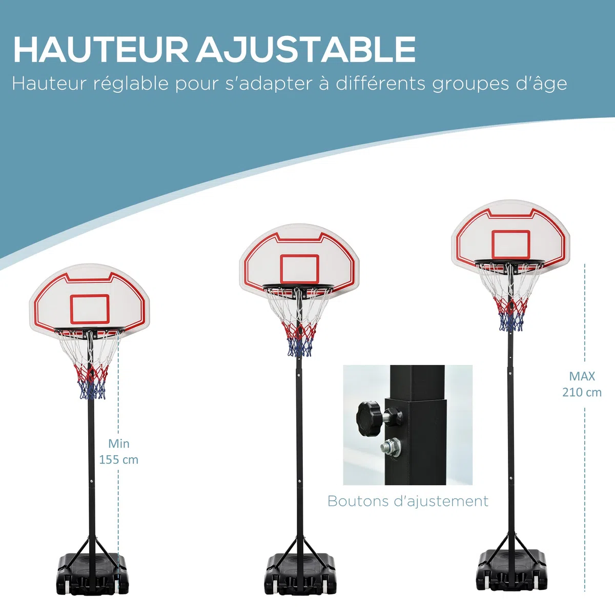 HOMCOM Panier de Basket-Ball sur Pied avec Poteau Panneau, Base de lestage sur roulettes Hauteur réglable 1,9-2,5 m Noir Blanc