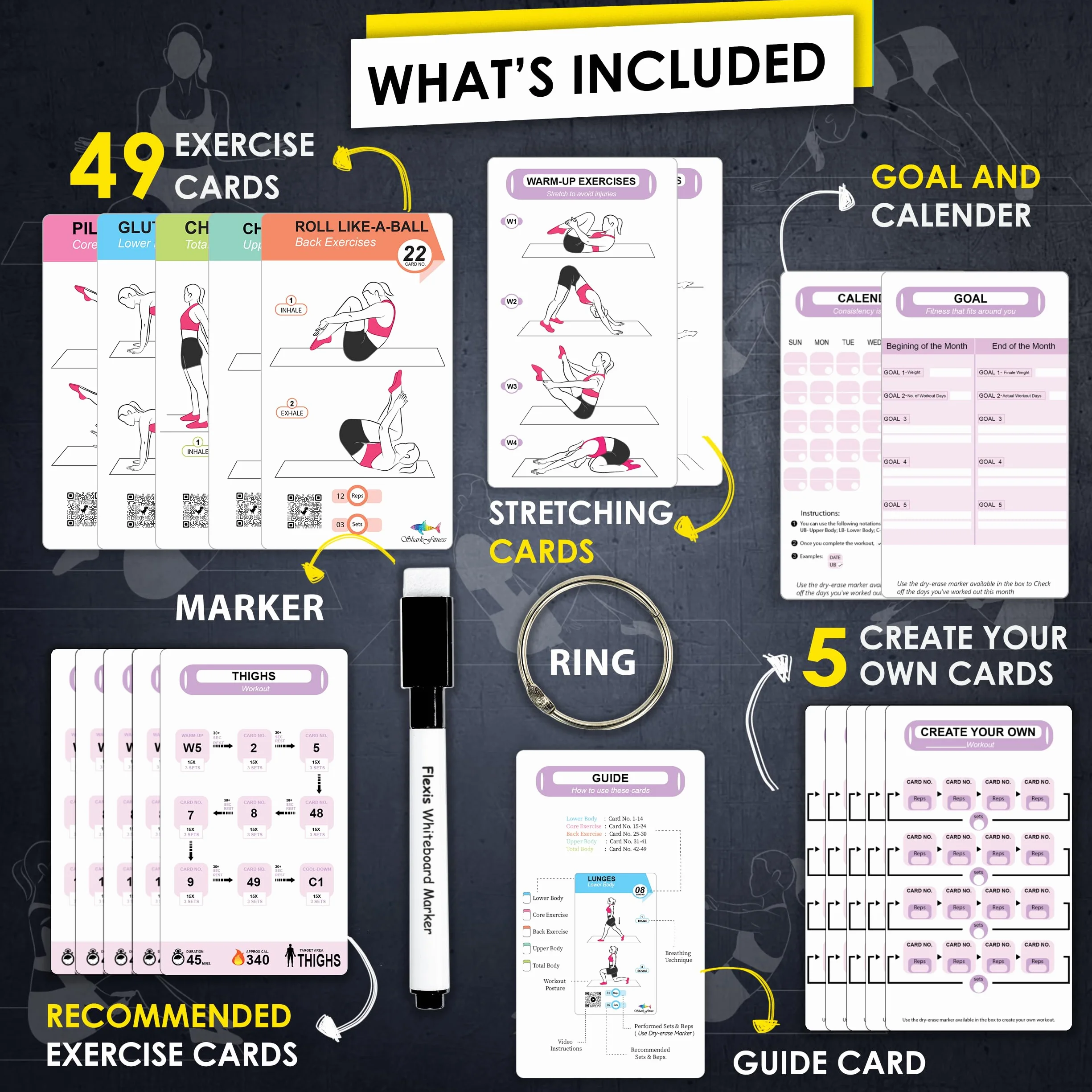 Cartes de Pilates – 58 cartes d'exercice avec instructions vidéo et conseils de respiration | Marqueur effaçable à sec et anneau gratuit pour planificateur d'entraînement à domicile pour femme