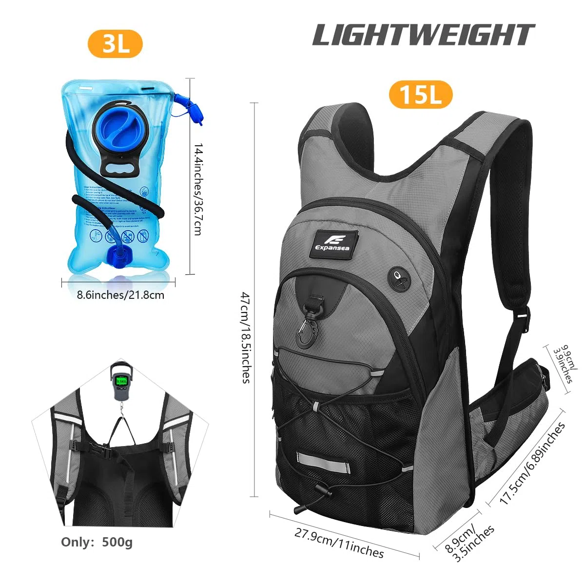 Sac à Dos d'hydratation avec vessie d'hydratation 3L, Sac à Dos de Cyclisme extérieur imperméable et Respirant de Grande capacité, pour la Course, la randonnée, Le Cyclisme, Le Camping…