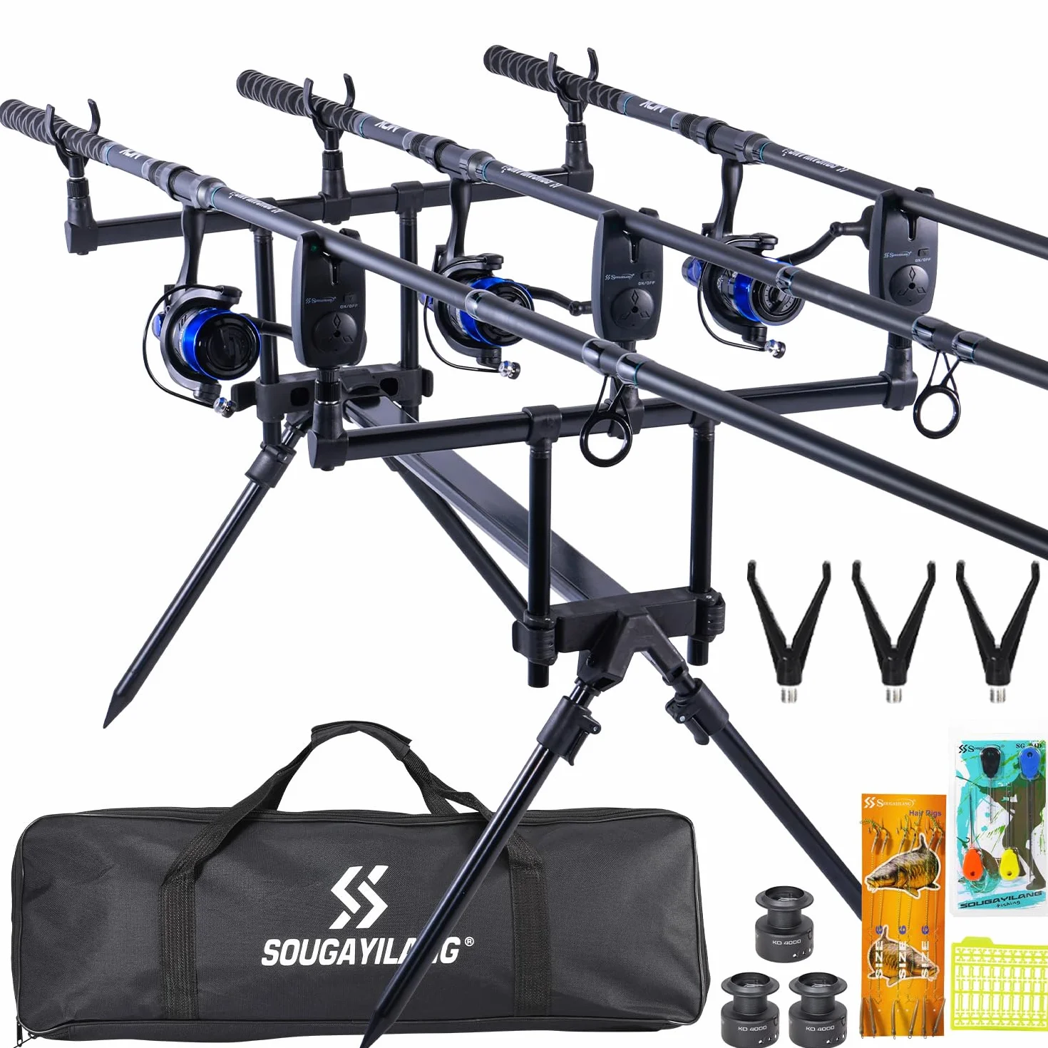 Sougayilang Ensemble de pêche à la carpe, 3 cannes de 3,3 m + moulinets série 4000, détecteurs de morsure, support de canne réglable, kit complet pour lacs et rivières à la carpe
