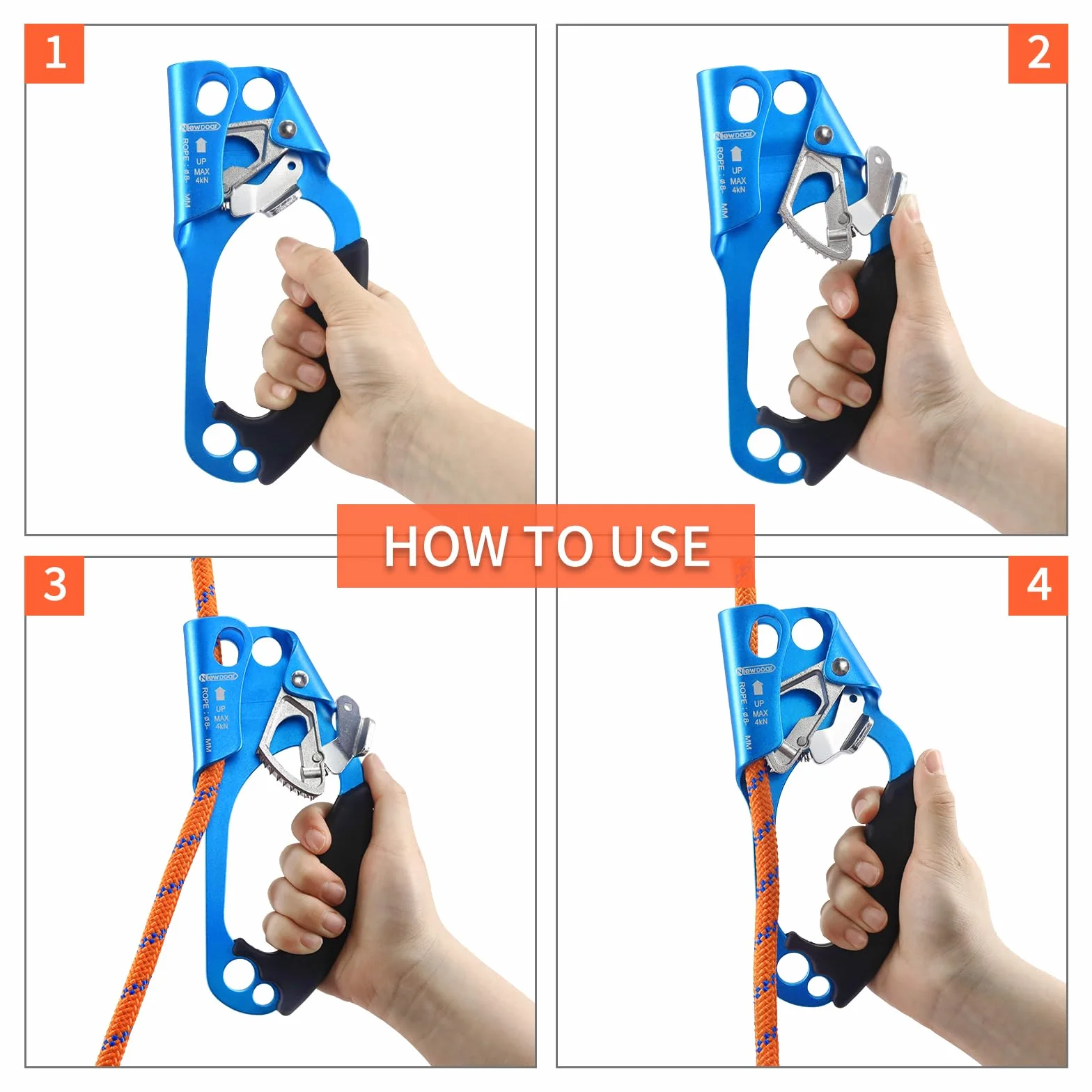 NewDoar UIAA & CE Certifié Main Ascendeur Bloqueur Poignée Ergonomique Escalade Arbre Arboriste Rappel Gear Équipement Corde Pince pour 8~13 MM Corde-Orange Gauche et Bleu Droit