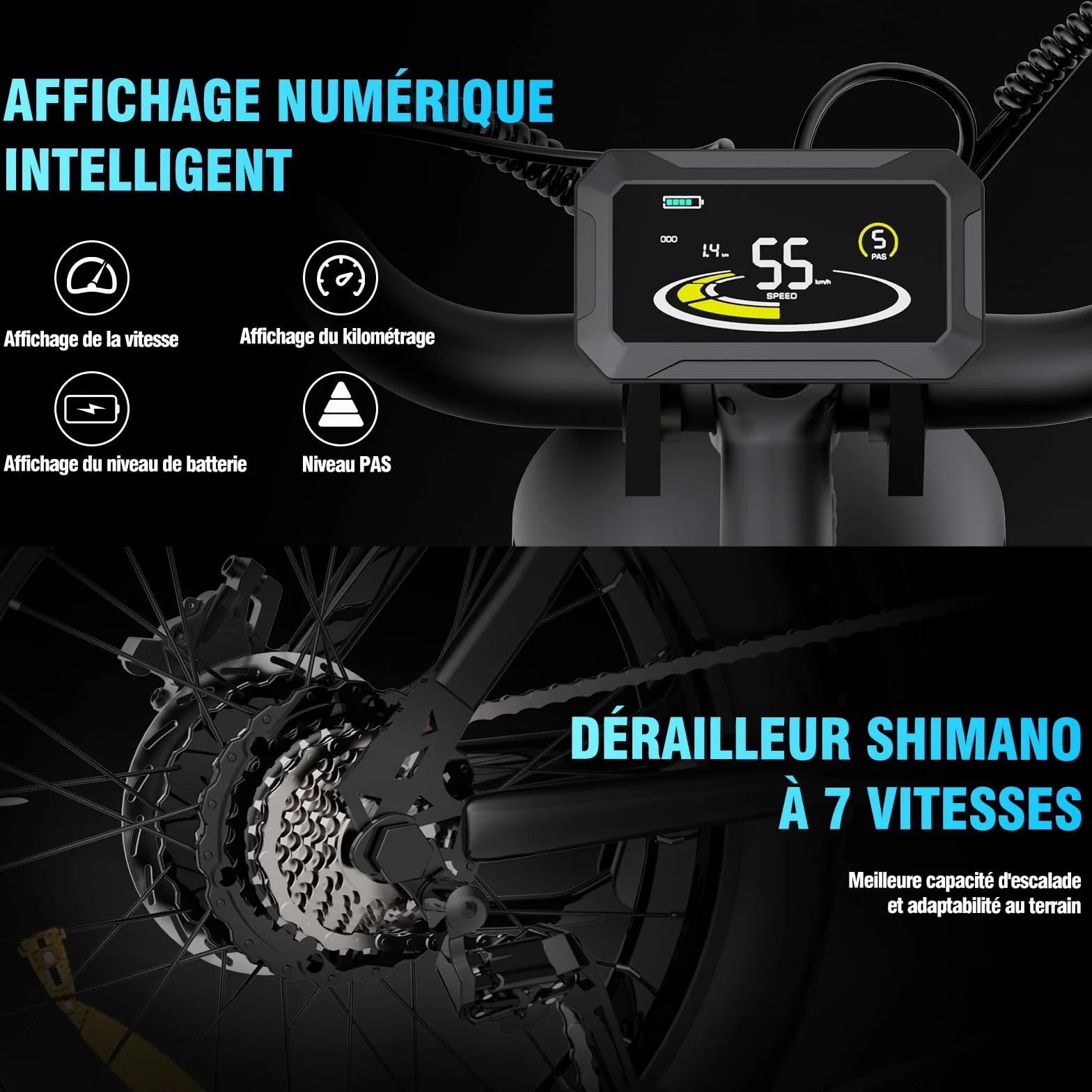 YVY Vélo Électrique, Batterie Amovible 20/40Ah, Autonomie 120km/150km/300km, Fat Bike Électrique, VTT Électrique 7 Vitesses, E-Bike Double Suspension, Double Disque, Écran LCD