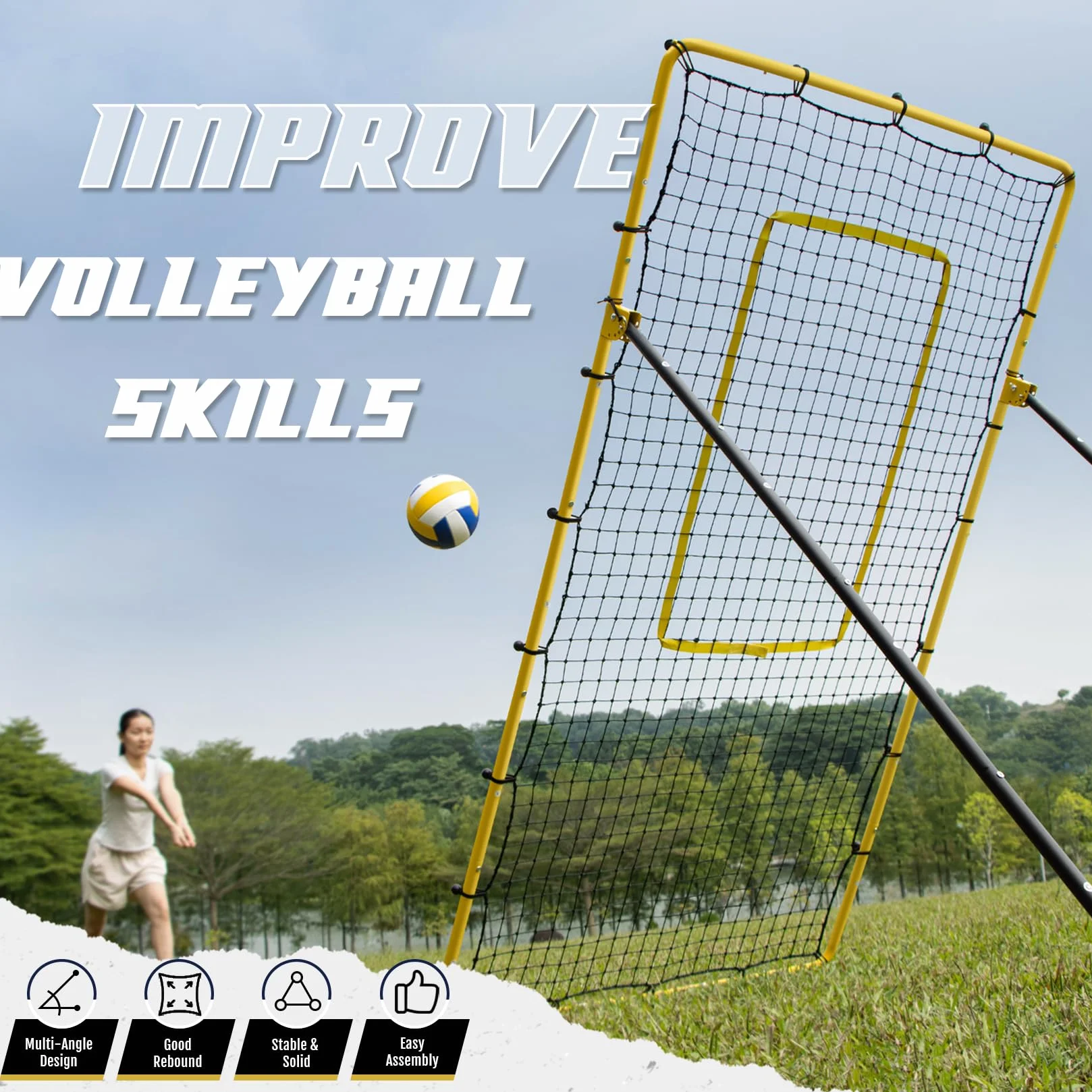 Filet de rebond de volley-ball Newbyinn, équipement d'entraînement avec 5 angles réglables, 2,1 x 1,2 m