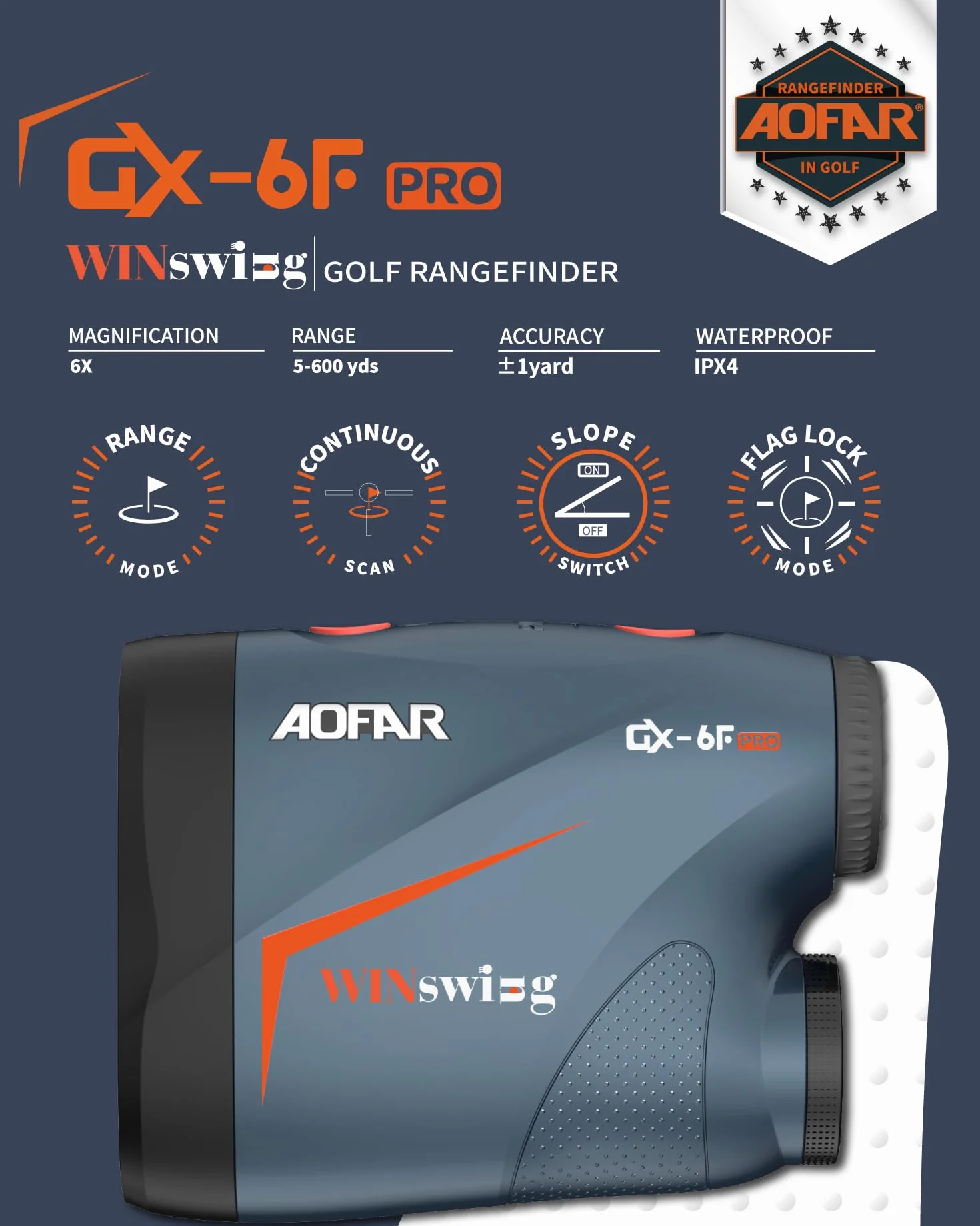 AOFAR GX-6F PRO Télémètre de Golf avec Appareils de Pente Télémètre de Mesure de Distance avec Balayage Continu, Verrouillage du Drapeau avec Vibration D'impulsion, Légal pour la Compétition, 600Yards