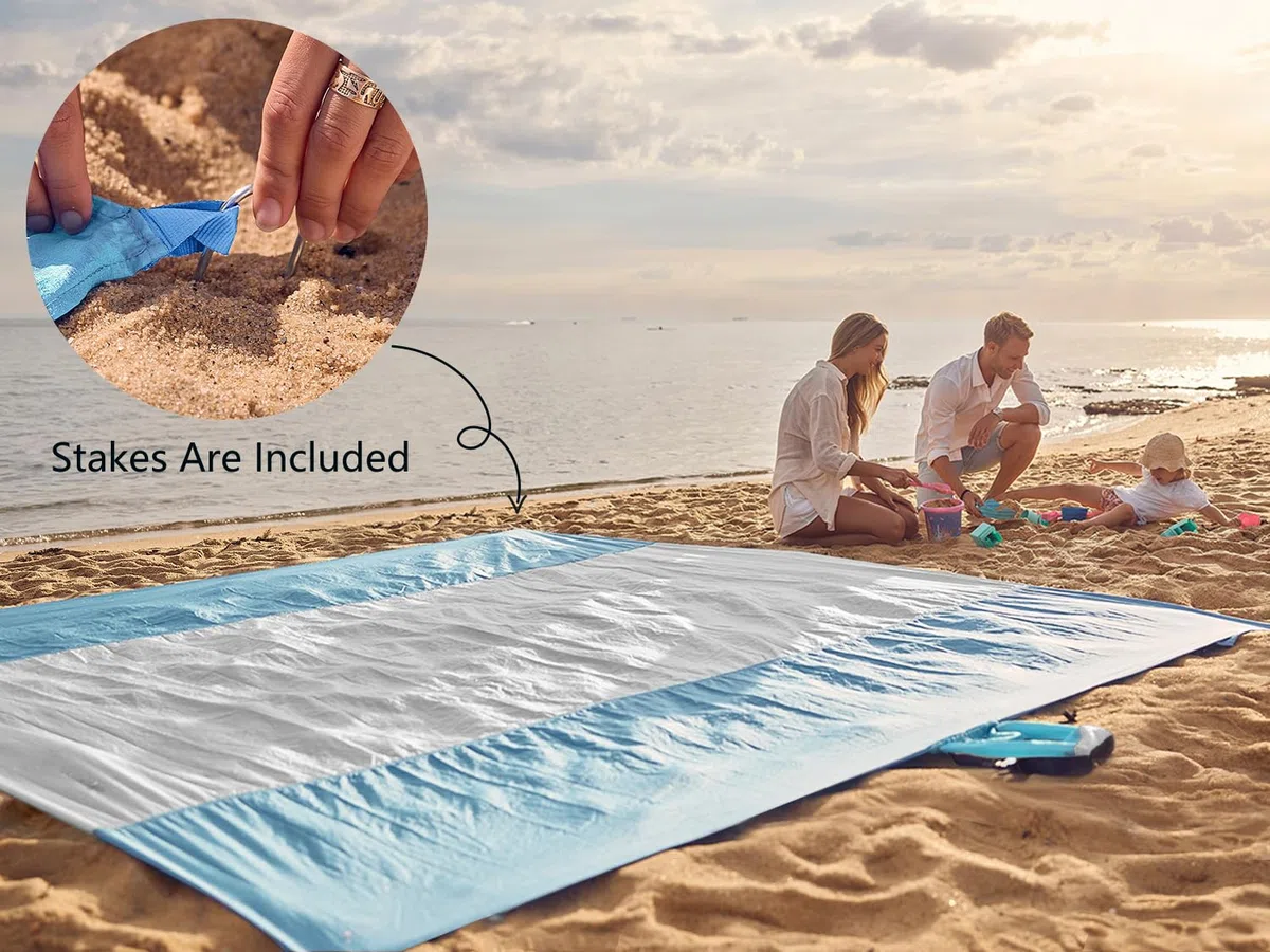 Wekapo Couverture de plage résistante au sable, tapis de plage extra-large, grand et compact, sans sable, à séchage rapide, léger et durable avec 6 piquets et 4 poches aux coins