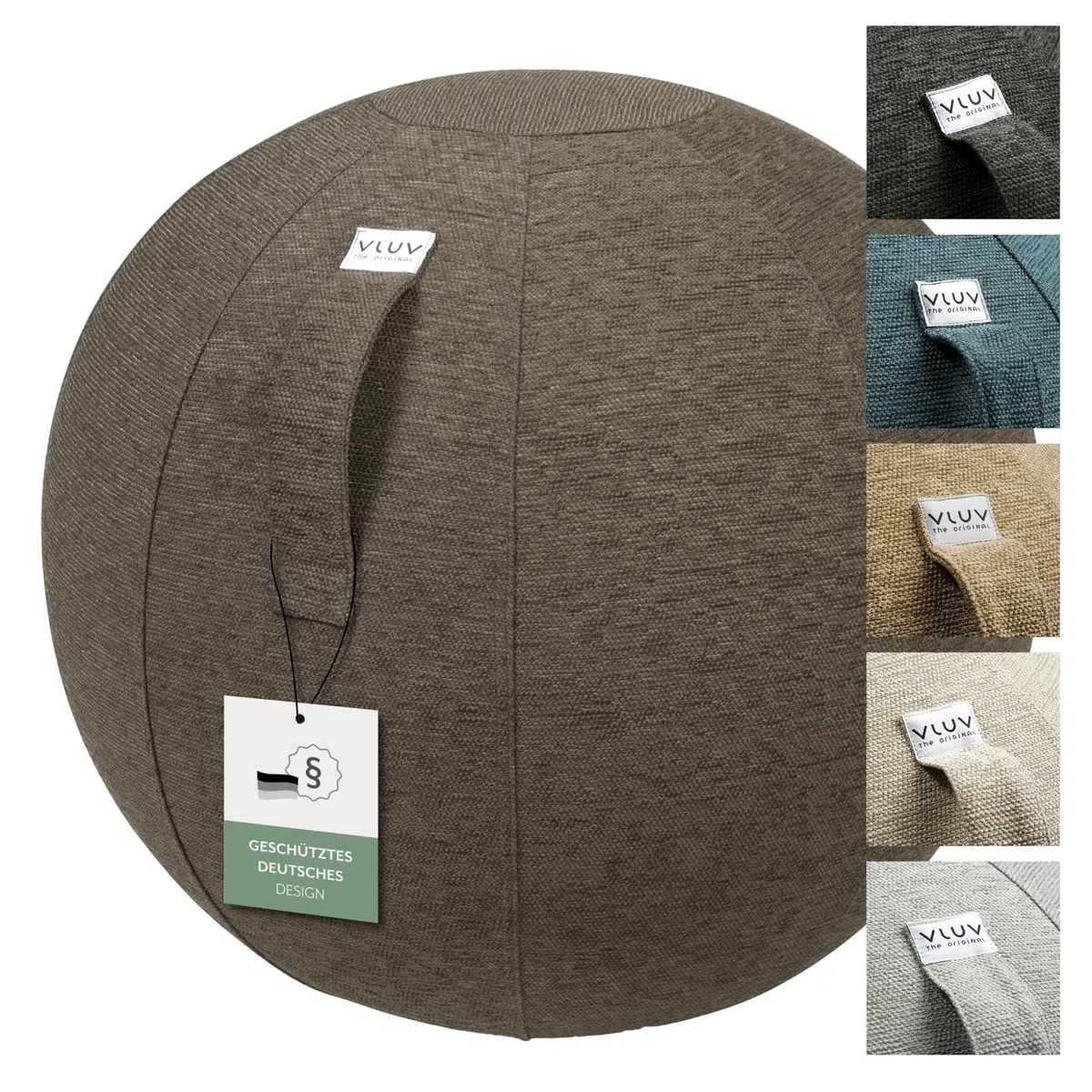 VLUV Ballon-siège STOV, siège Ergonomique, Couleur: Greige (Gris), Ø 70cm - 75cm, Tissu d’ameublement de qualité supérieure, Robuste et indéformable avec Une poignée de Transport