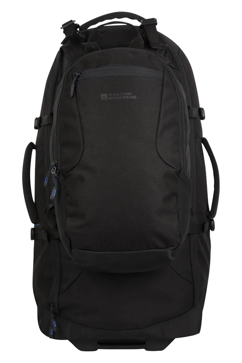Mountain Warehouse Voyager Wheelie Sac à Dos de 50 + 20 litres - Sac à Dos rembourré en Maille aérée avec Fermetures éclair verrouillables et Sangles réglables - Camping Noir Taille Unique