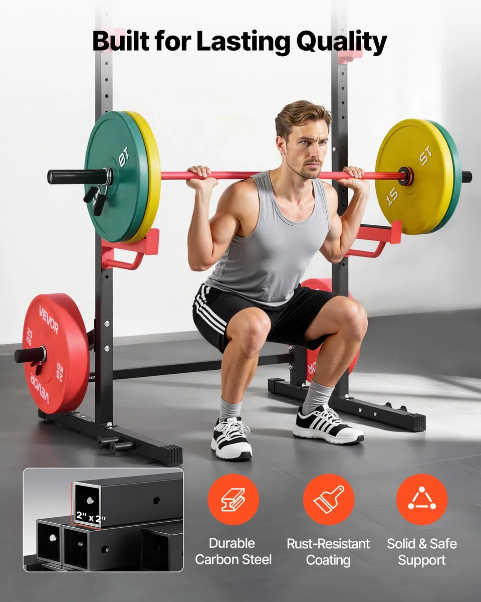 VEVOR Cage de Musculation Multifonctionnelle, Rack à Squats avec Crochets en J Réglables, Station de Musculation pour Squats Développés Couchés Tractions Gym et Domicile, avec Barres de Sécurité