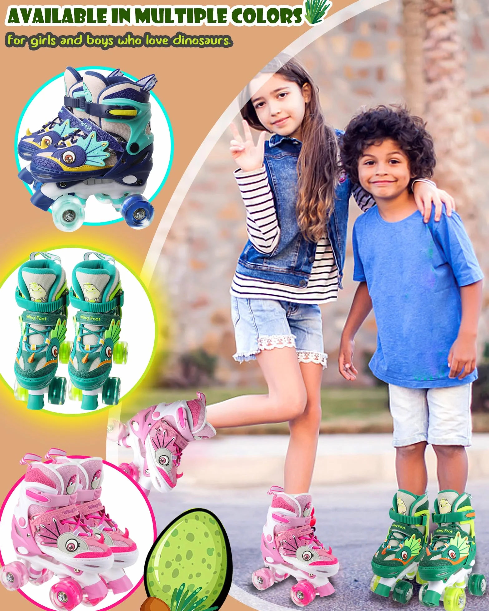 Dinosaure Patins à roulettes Enfant Roller Quad Roues Garçons Filles Taille Réglable Ajustable avec 4 Roues Lumineuses pour Débutants Cadeau Noël d'anniversaire