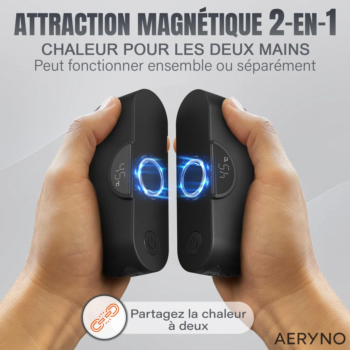 Chauffe-Main Rechargeable 6000mAh, écran Affichage LED, 4 Niveaux de Chaleur, Design Compact & élégant, USB-C, Chauffe Rapide, Ideal Voyage, Hiver et Cadeau - AERYNO