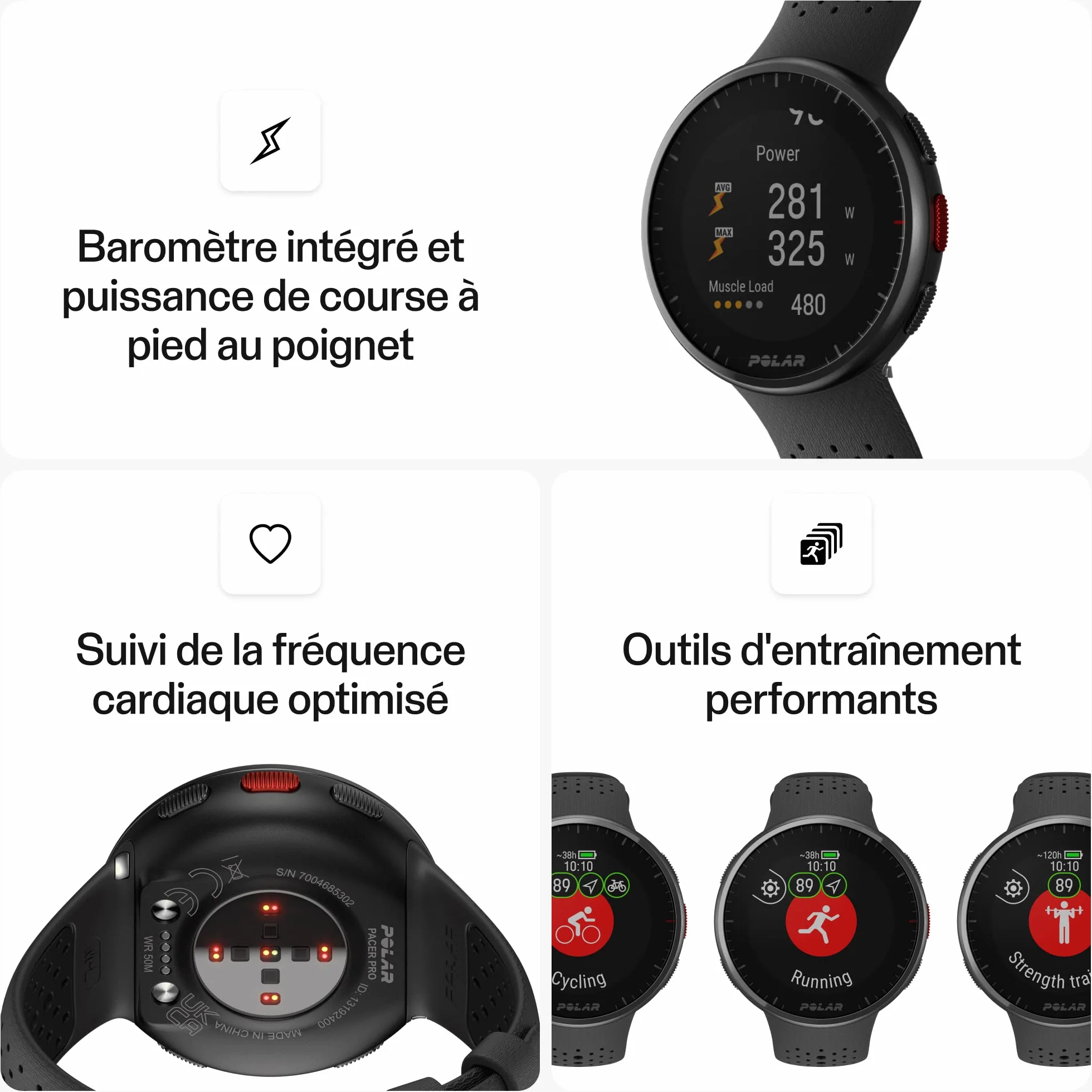 Polar Pacer Pro Montre Sport GPS Cardiofréquencemètre Poignet Hommes Femmes Entraînement Running Suivi Sommeil