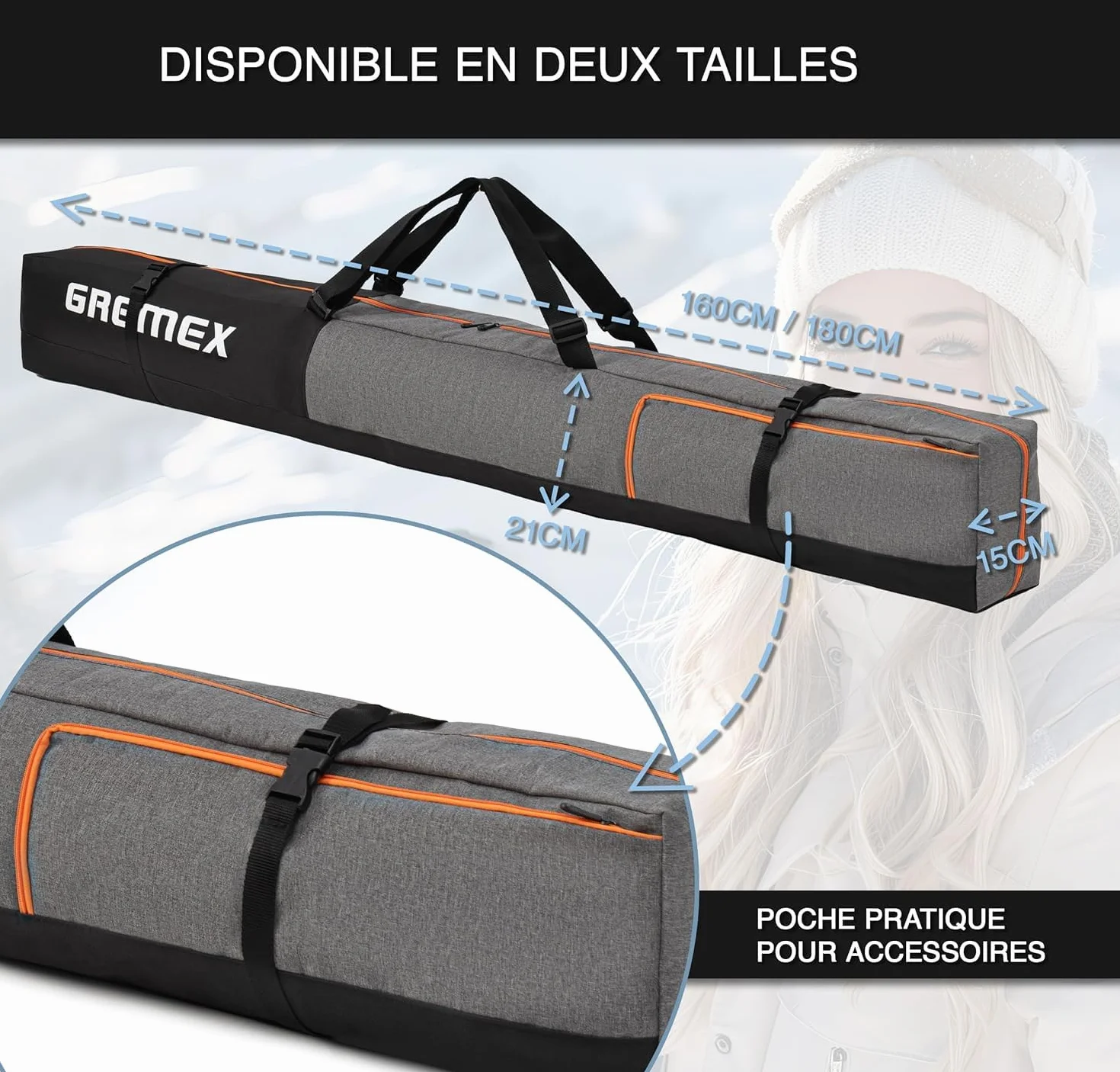 Housse de Ski imperméable pour 1 Paire de Skis - Sac de Ski Alpin Compact et Léger