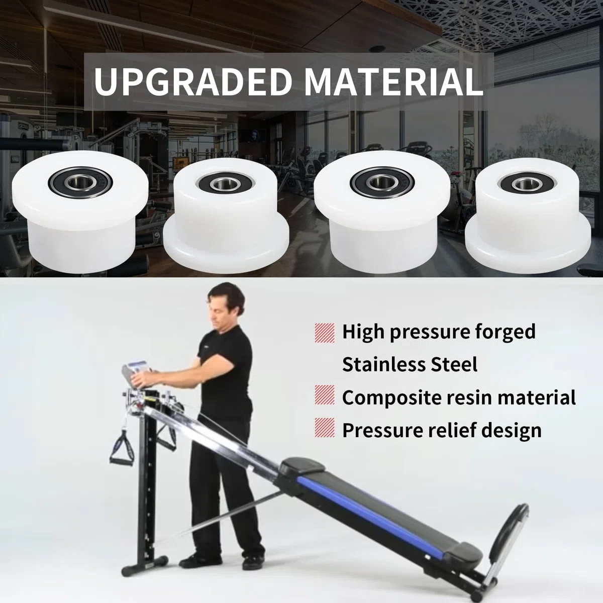 Lot de 4 roues usinées compatibles avec Total Gym 1000, 1100, 1400, 1500, 1600, Achiever, Force, Gold, Max, Platinum, Platinum Plus, Pro, Supra, Supreme, Ultima, Ultra, XLI (blanc)