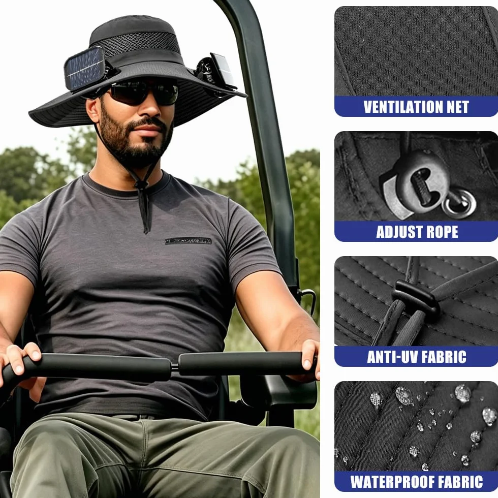 Chapeau de Soleil, Chapeau de Pêche avec 2 Ventilateur Solaire, Chapeau de Fan Solaire à Bord Large, Générique Chapeau de Fan Solaire pour Activités de Plein Air comme la Randonnée Jardinage