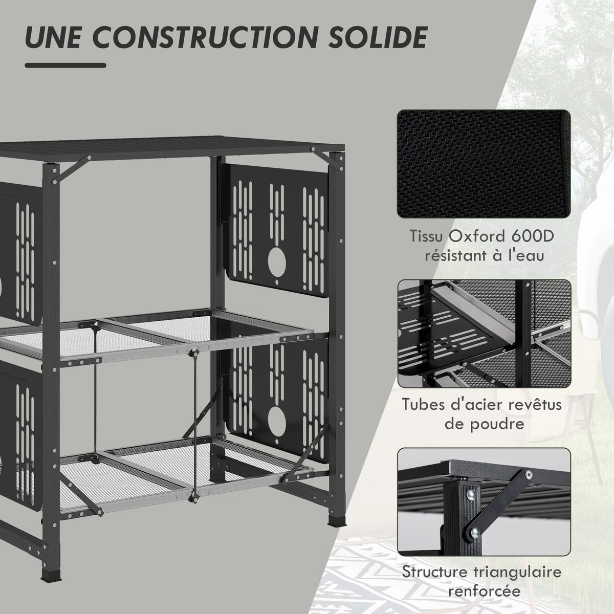 Outsunny Cuisine de Camping Table de Camping Pliante en Acier et Aluminium, avec Sac de Transport, 2 tablettes rabattables, 2 étagères et Porte-gobelets, dim. 126L x 46l x 81H cm