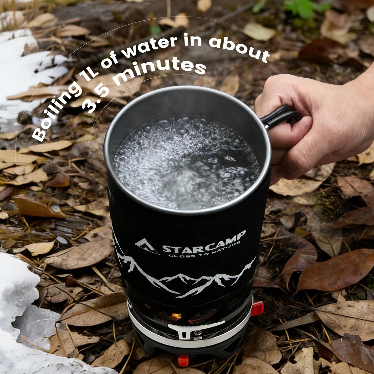 0,9L Réchaud de Camping Gaz Ultra-Léger Système de Cuisson Intégré, Couronne Énergétique, Allumage Piézo & Pot Support – Brûleur Portable Éco-énergétique pour Randonnée, Trekking et Backpacking