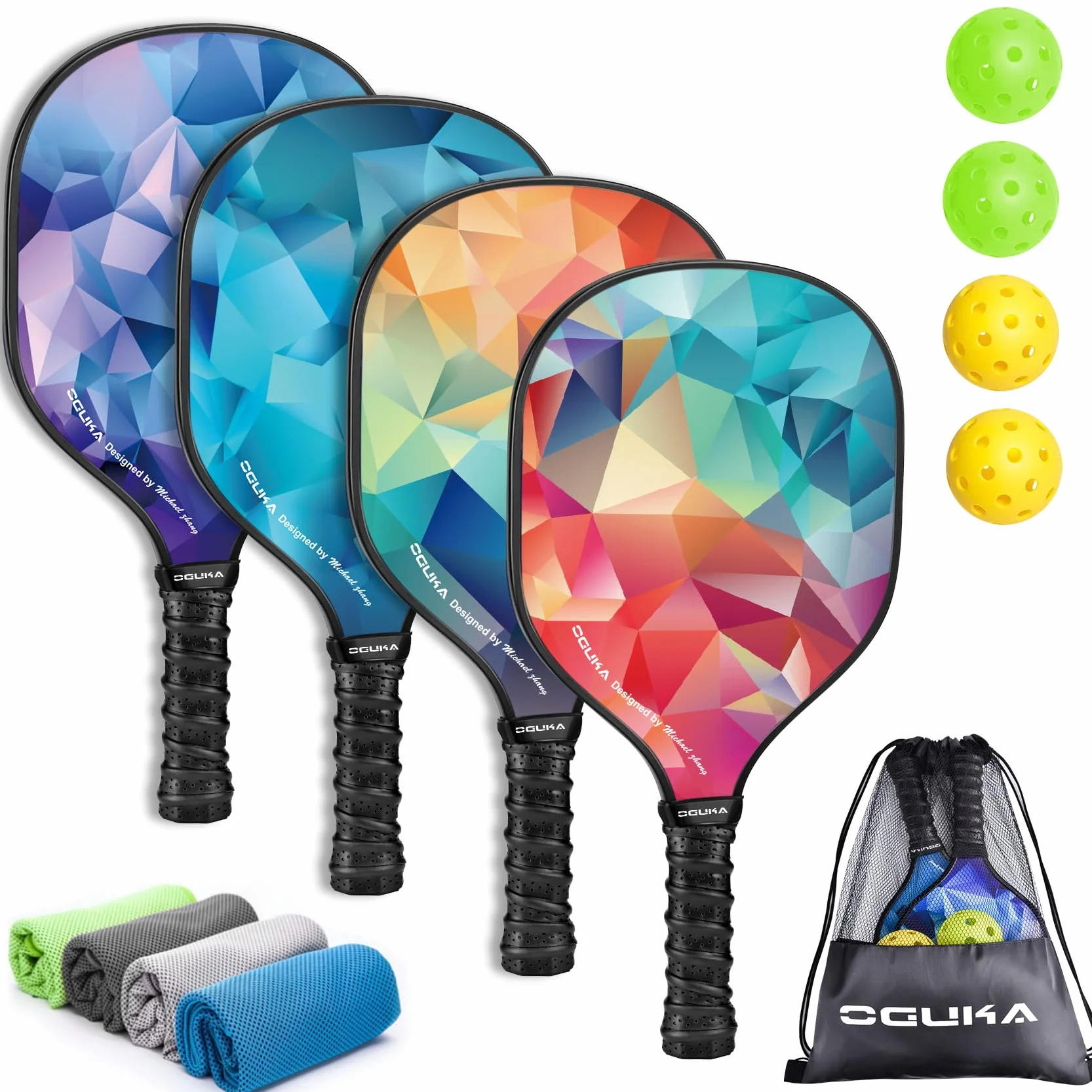 Pagaies de Pickleball, Ensemble de 4 pagaies légères approuvées par USAPA, 4 balles de Pickleball, 4 Serviettes de Refroidissement et Sac, Raquettes de Pickleball Premium, Cadeaux pour