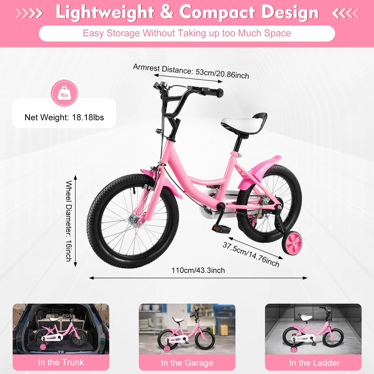 Vélo pour enfant 16 pouces roues stabilisatrices freins doubles - Vélo léger fille garçon - Rose