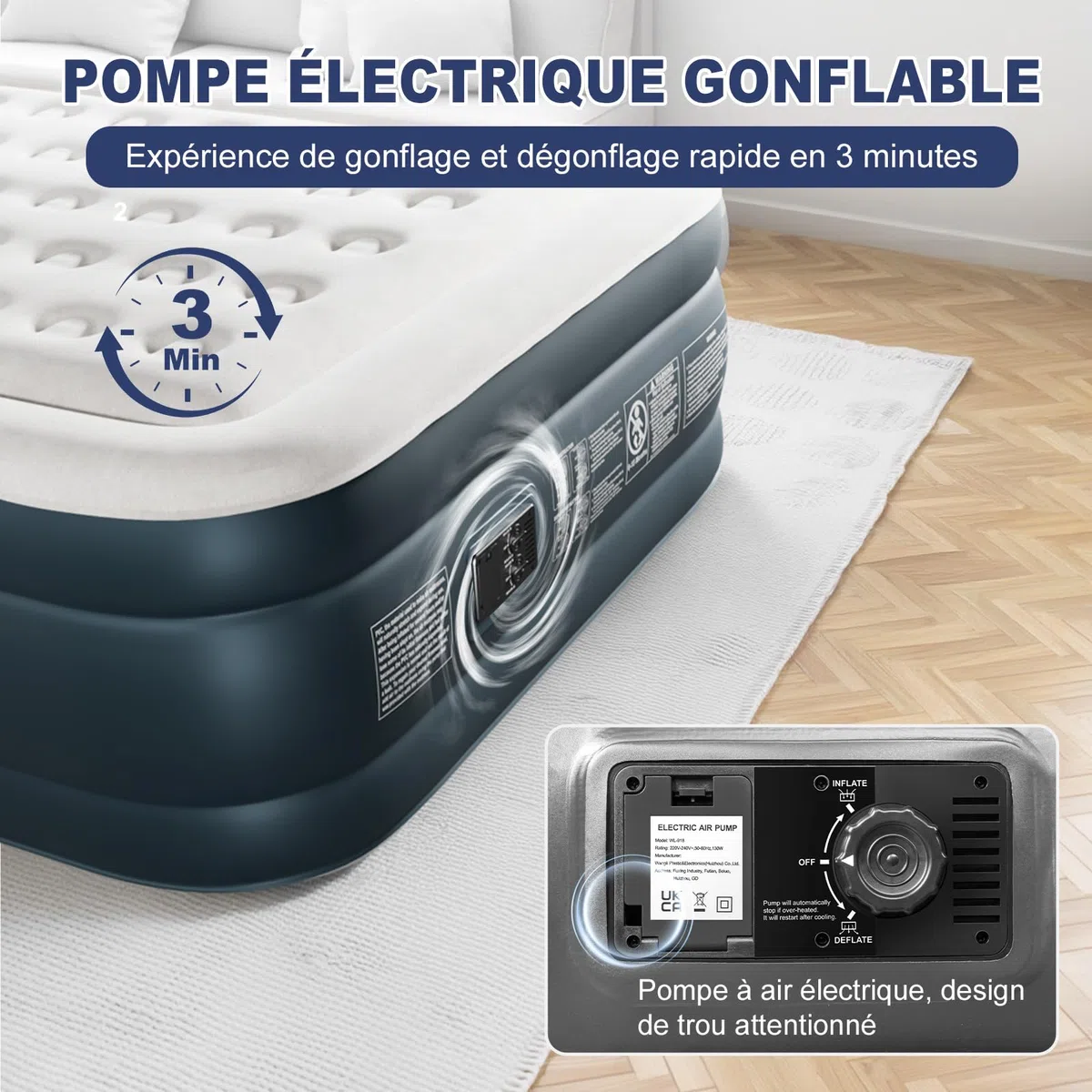 Bonnlo Matelas de Camping Pliable avec Pompe électrique, Matelas Gonflable Autogonflant avec Surface en Velours, pour 2 Personnes (Gris-Blanc et Gris Foncé, 203 x 152 x 45 cm)