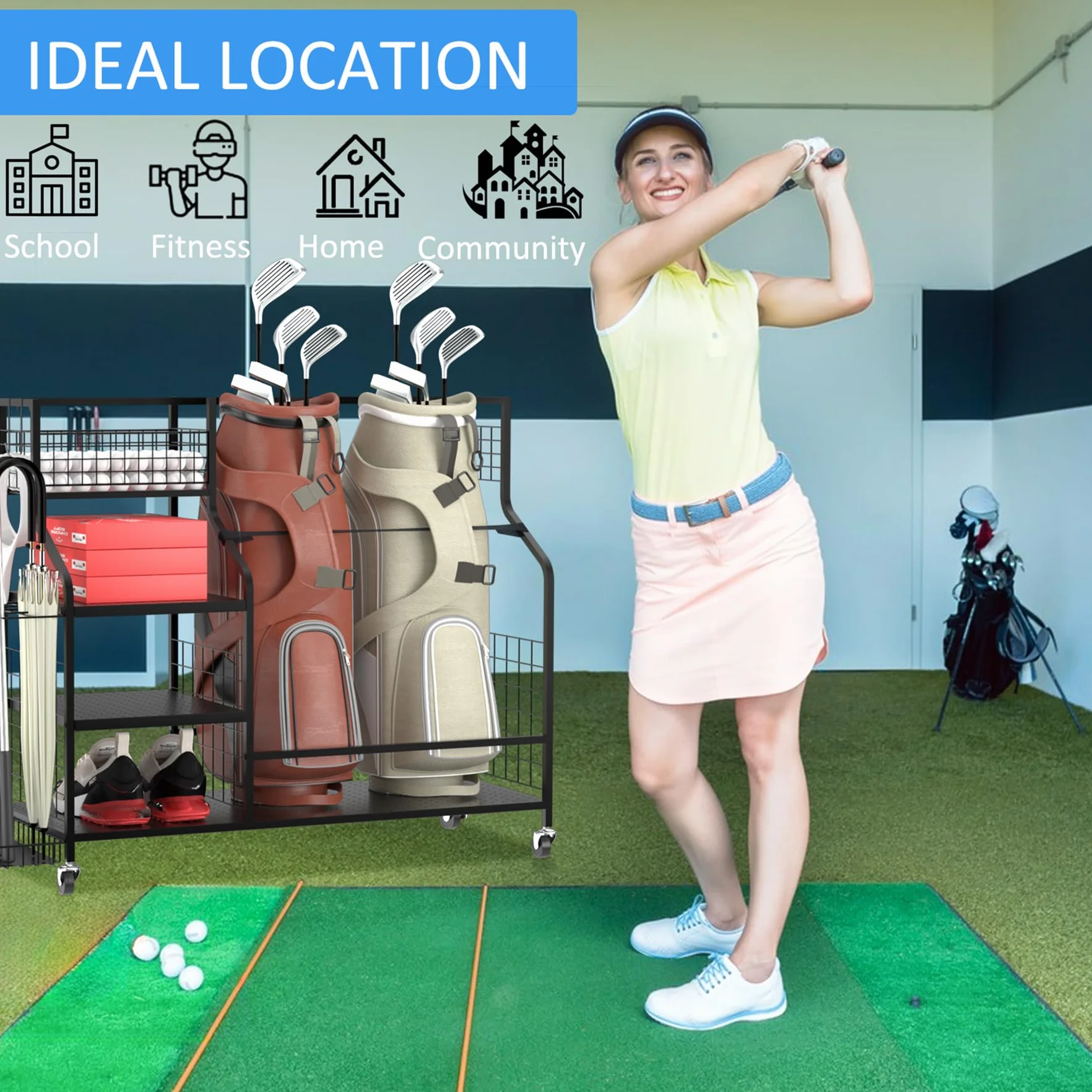 Sac de rangement pour sac de golf, support de rangement pour club de golf, organiseur de sac, pour garage, équipement de sport, convient pour 2 sacs, rangement de jouets d'extérieur (avec poches