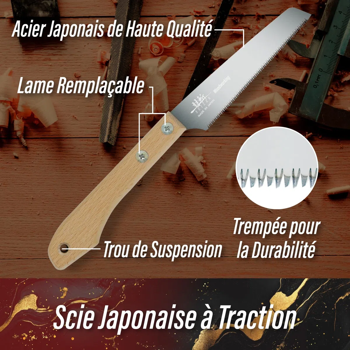 SUIZAN Petite Scie à Main 120mm Lame Polyvalente - Égoïne Japonaise Compacte à Traction Simple Tranchant Outil pour Bois
