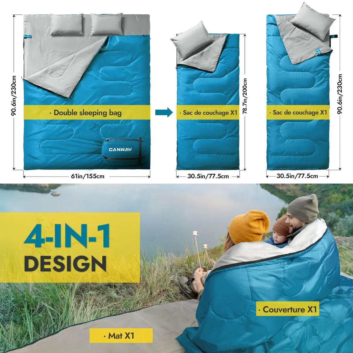 CANWAY Sac de Couchage Double XXL Sac de Couchage Couverture Sacs de Couchage 2 Personnes Sac de Couchage Extérieur Petit Sac de Couchage Coton