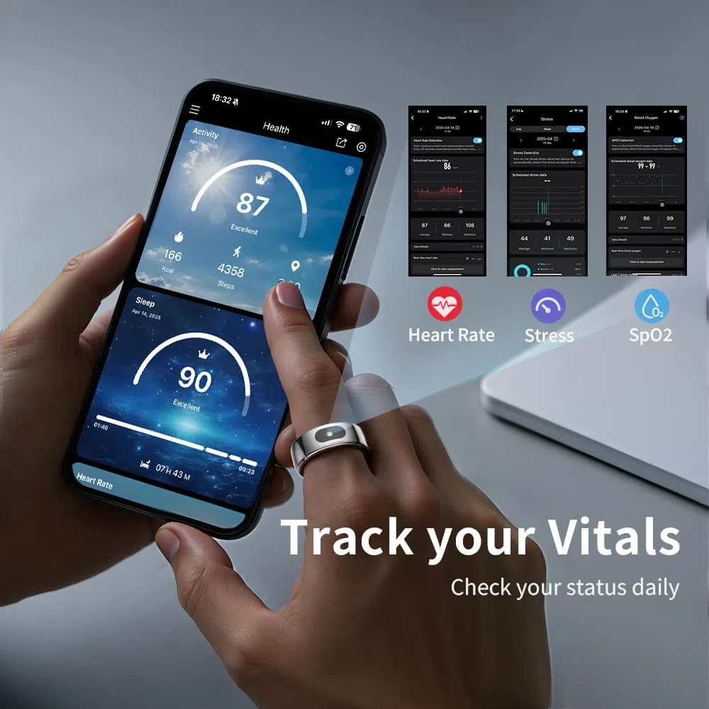 Anneau Intelligent LED Tactile, Tracker d'activité/Fréquence Cardiaque/Sommeil/Oxymétrie, Bague Connectée 5ATM, Contrôle Musique/Vidéo, Smart Ring Fitness Tracker Compatible iOS/Android (Argenté, 10)