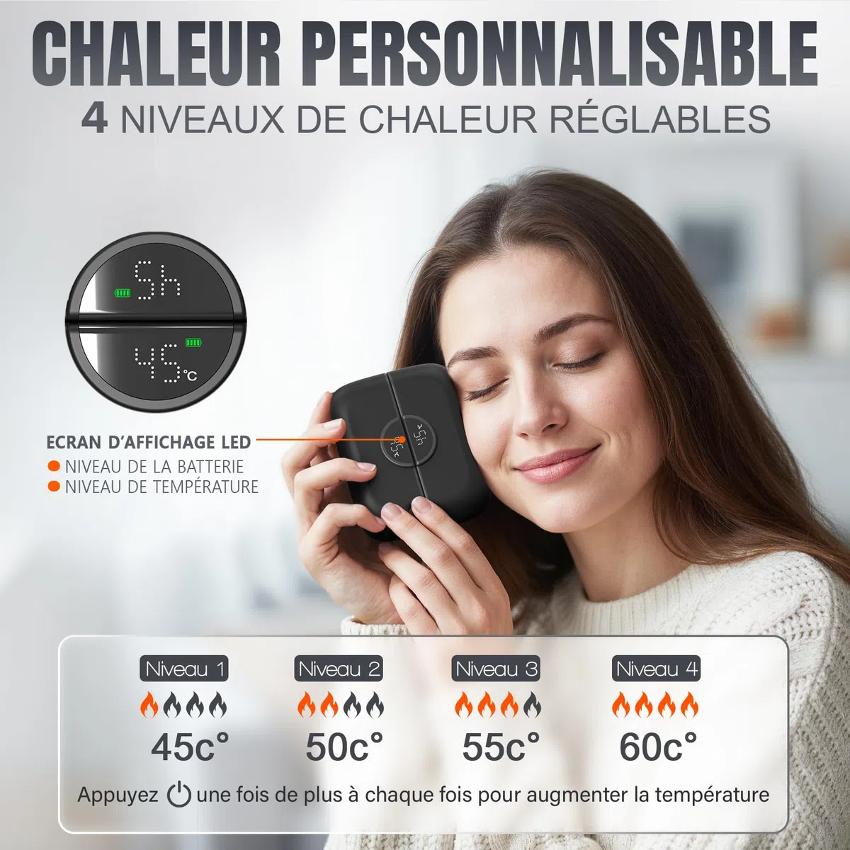 Chauffe-Main Rechargeable 6000mAh, écran Affichage LED, 4 Niveaux de Chaleur, Design Compact & élégant, USB-C, Chauffe Rapide, Ideal Voyage, Hiver et Cadeau - AERYNO
