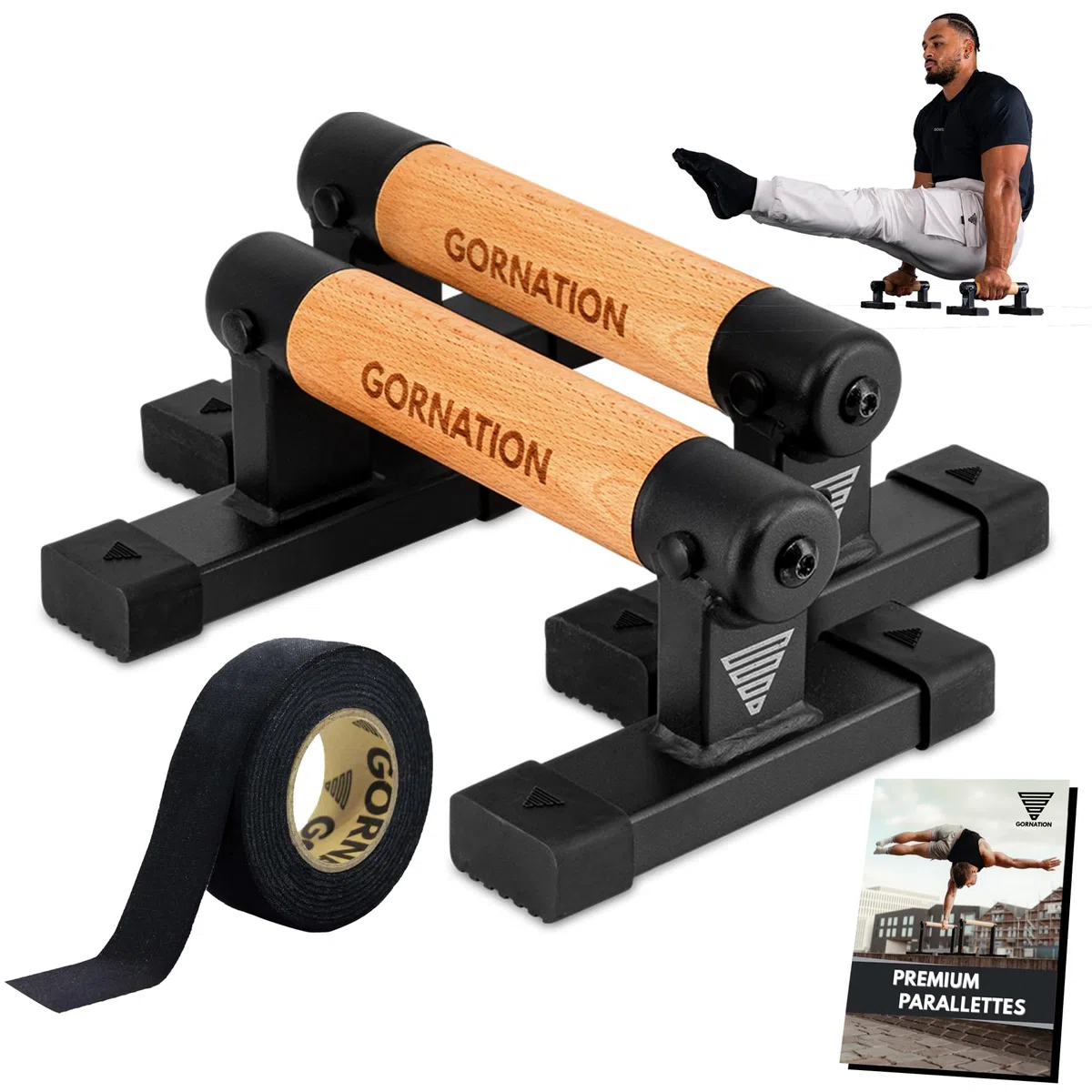 GORNATION Parallettes pour Calisthenics, Barres Parallèles de Street Workout pour Equilibres, Pompes et plus, Poignées de Pompes Antidérapantes en Bois pour Fitness, Accessoire Musculation