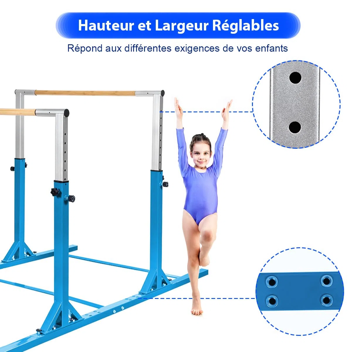 COSTWAY Barres Parallèles de Gymnastique Hauteur Réglable 11 Niveaux, Double Barre Gymnastique à Largeur Réglable Charge 100KG, Entraînement pour Enfants 6 à 12 Ans