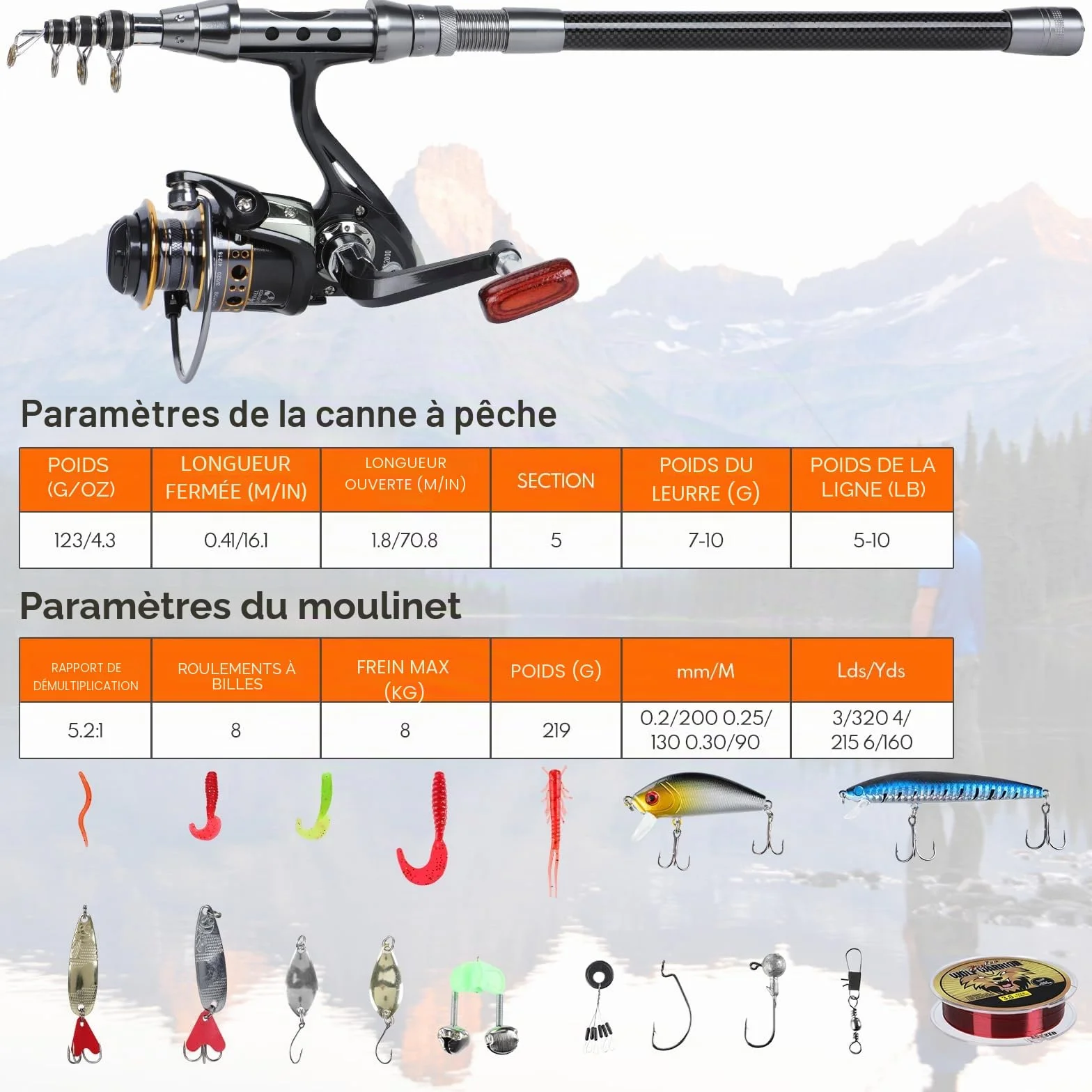 Ensemble Canne à Pêche Télescopique et Moulinet en Métal de 1,8m avec Accessoires Leurres de Pêche et Moulinet, Sac de Transport pour Poisson en Eau Douce ou Eau Salée