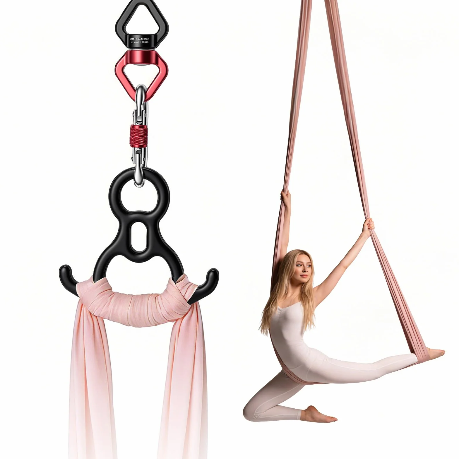 Rotule Pivotante 360° Kit Complet, 30kN Rotule + 50kN Anneau 8 Cornes + 2x25kN Mousquetons, Articulation Pivotante Roulement à Billes pour Soie Aérienne Yoga Escalade Balançoire Hamac, Noir Rouge