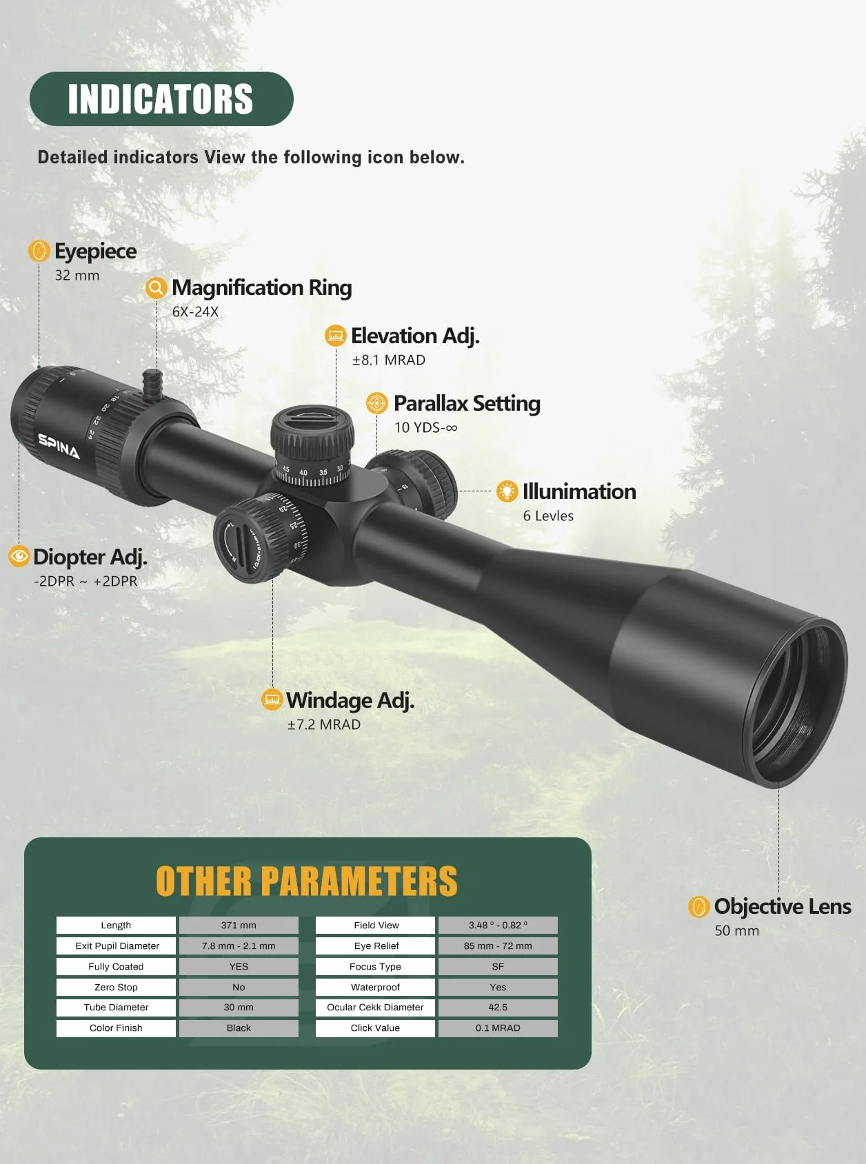 SPINA OPTICS 6-24x50E FFP II première Lunette de Fusil à Plan Focal avec Treillis de précision mrad Rouge et visière