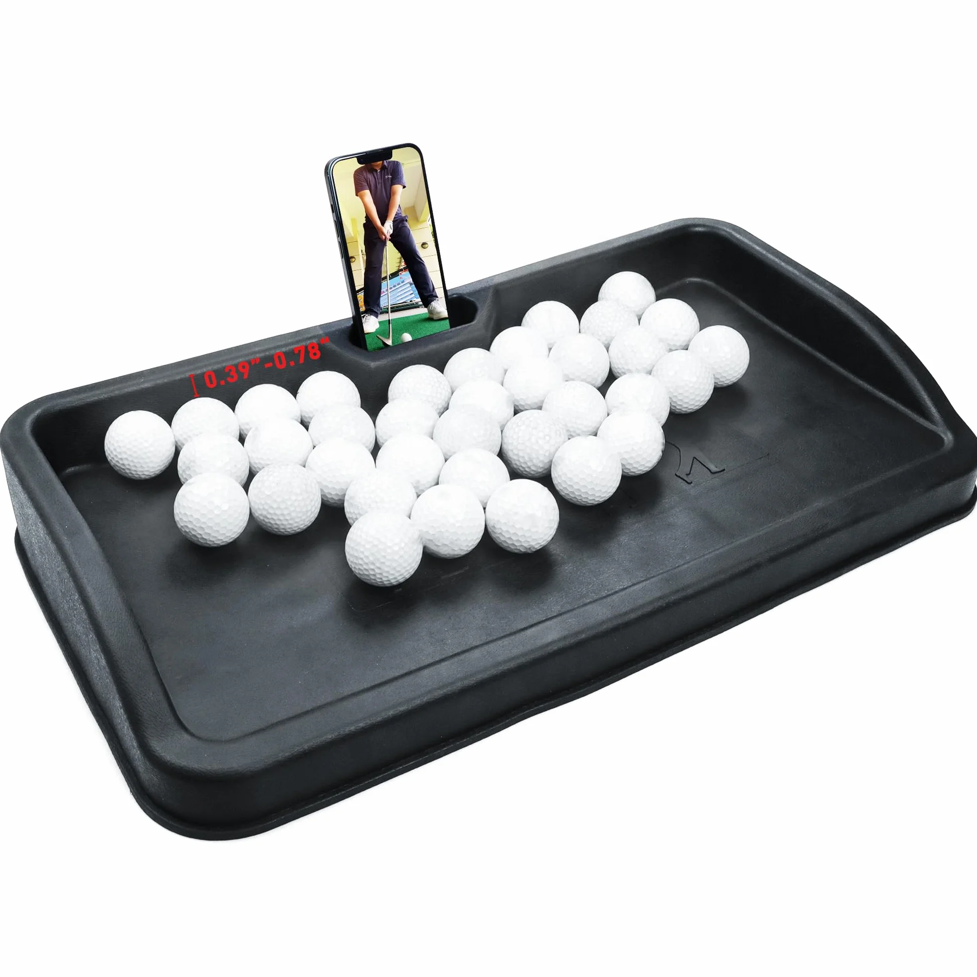 Plateau de balle de golf en caoutchouc robuste – avec support pour téléphone portable – Capacité de 100 balles – Plateau à haut impact compatible avec tous les tapis de frappe