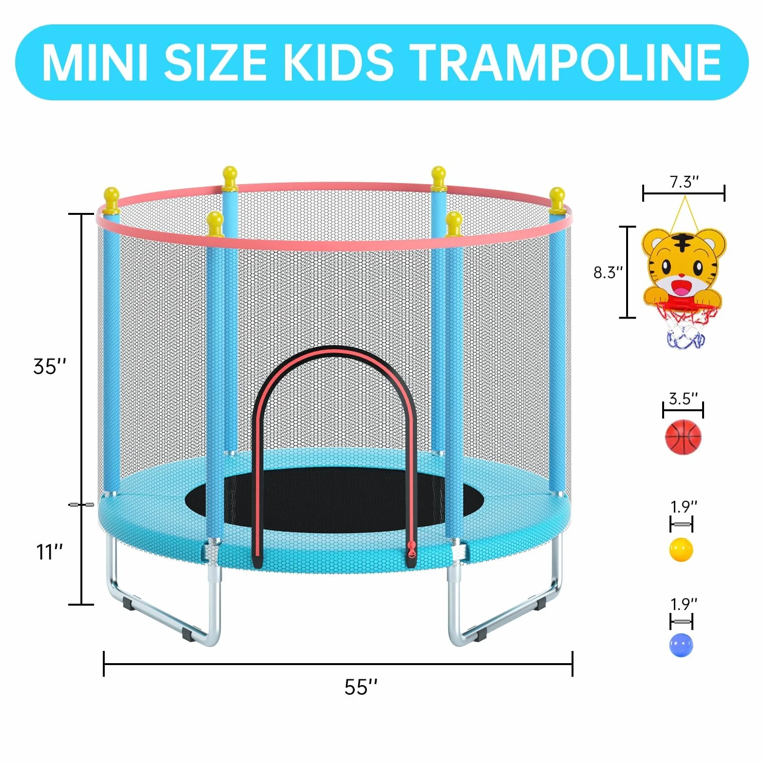 Trampoline pour Enfants 150cm avec Filet de Sécurité, Panier de Basket et Tapis de Saut - étanche, Réglable, 200kg