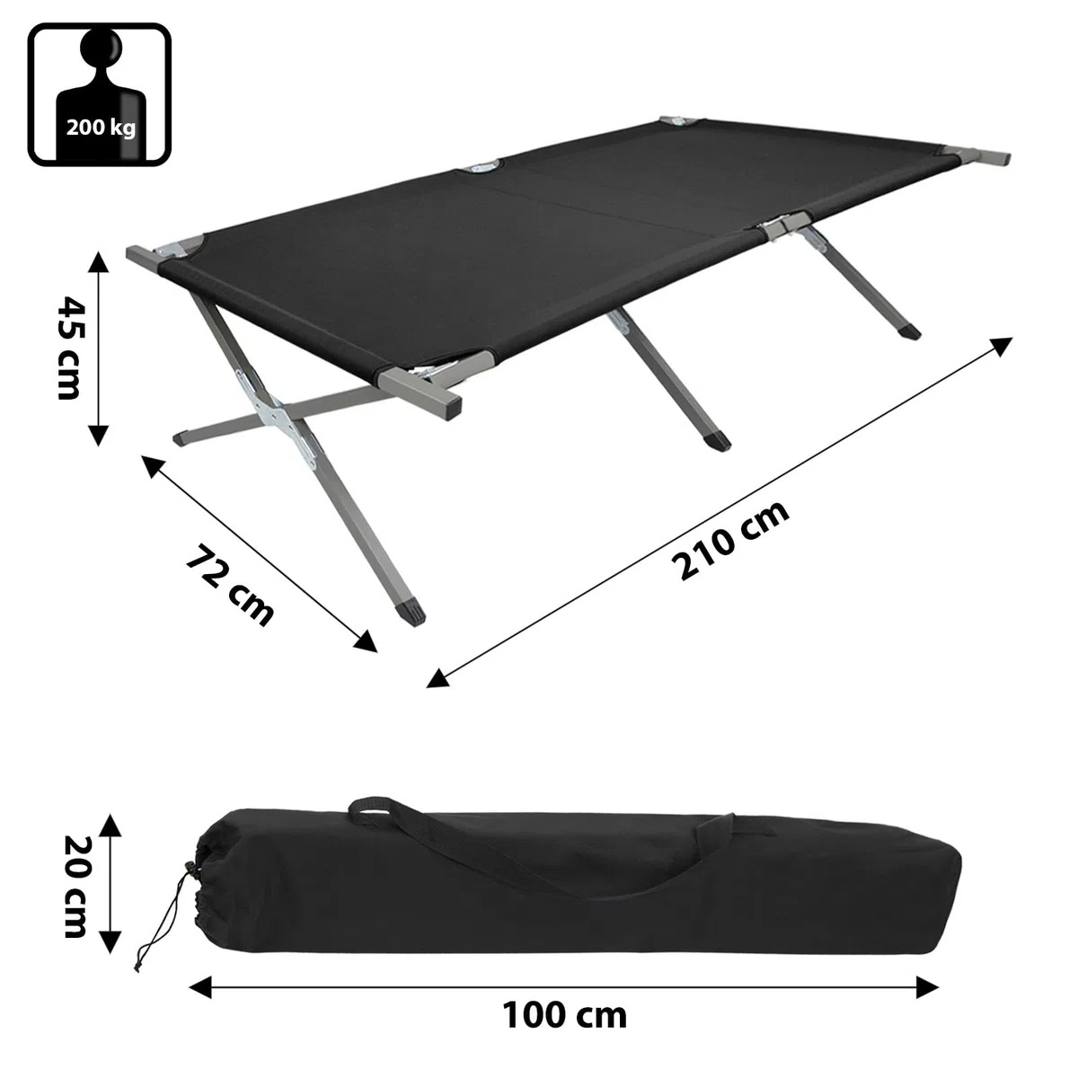 BB Sport Lit de Camp Pliable XXL 210 x 72 x 45 cm Camping Lit 200 kg Portable Militaire Pliable Voyage Confortable Stable Acier Tubulaire 600D Tissu Oxford Sac de Transport