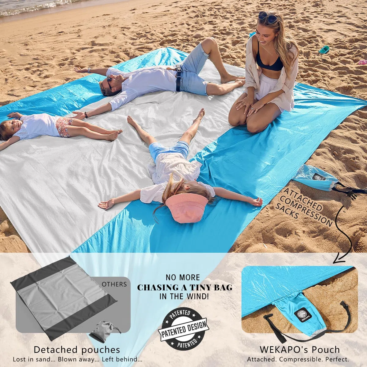 Wekapo Couverture de plage résistante au sable, tapis de plage extra-large, grand et compact, sans sable, à séchage rapide, léger et durable avec 6 piquets et 4 poches aux coins