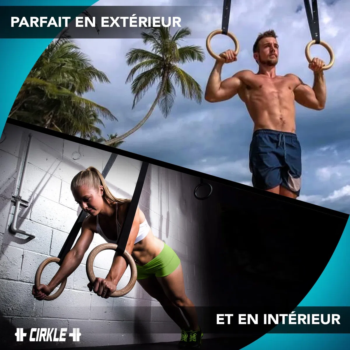 Original Cup CIRKLE | 2 Anneaux de Gymnastique en Bois | 23 cm de Diamètre avec Sangles Ajustables | Entraînement, Fitness, Musculation, Sport | Fixation Facile, Sécurité Maximale | Aerobik