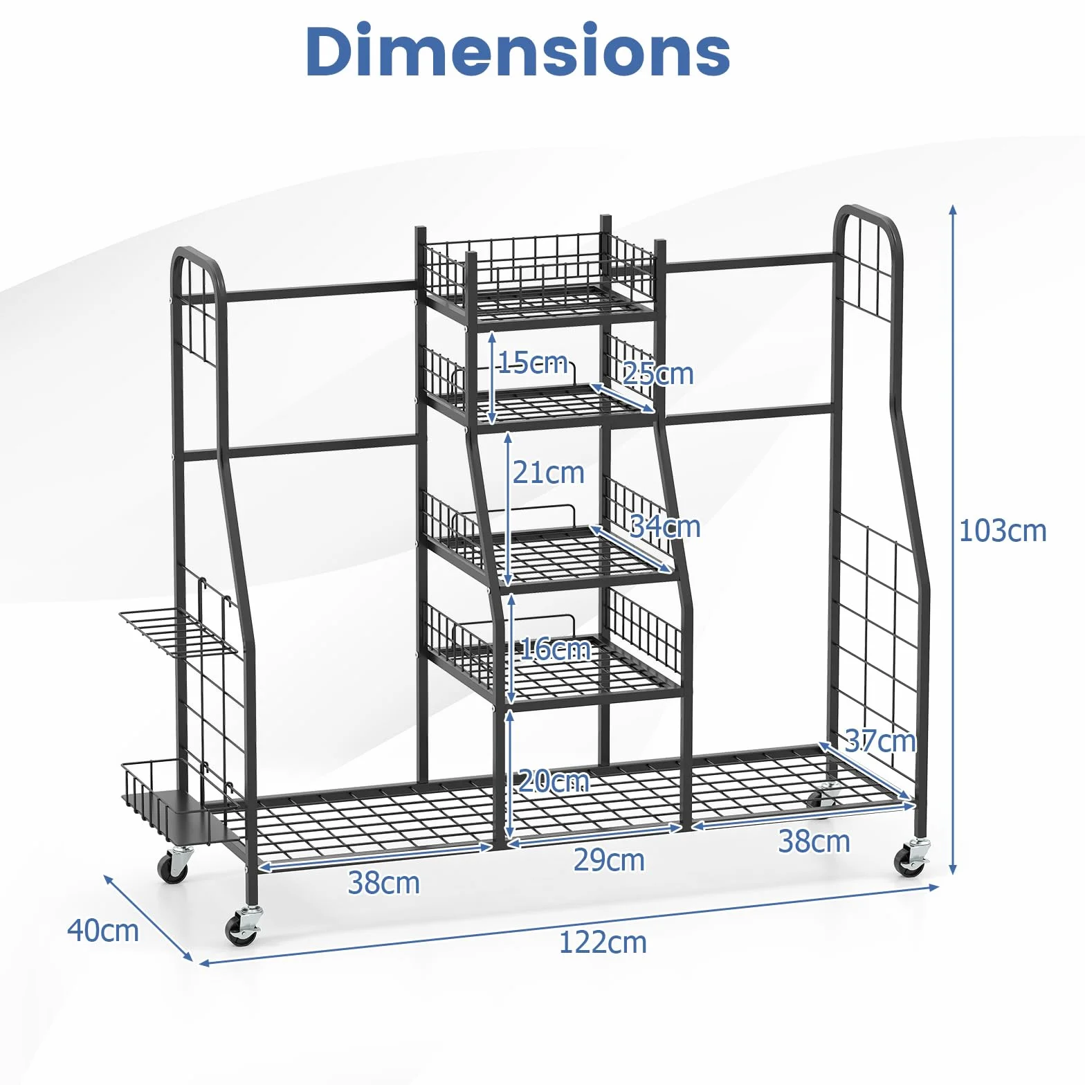 GYMAX Organisateur de Golf, Chariot Métallique pour Rangement de Sacs, Clubs, Chaussures, Balles, Accessoires, 4 roulettes Universelles, Convient pour Garage, sous-Sol, Club