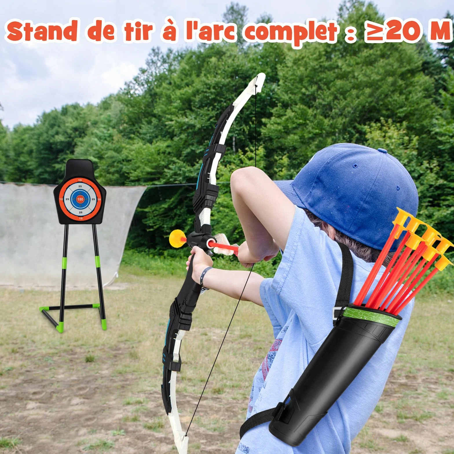 COSTWAY Arc et Flèche pour Enfants avec Lumières LED, Ensemble de Tir à l'arc avec 20 Flèches, 1 Cible Debout/Suspendue et 2 Carquois, Jeu de Tir Intérieur Extérieur pour Garçons Filles de 3 Ans+