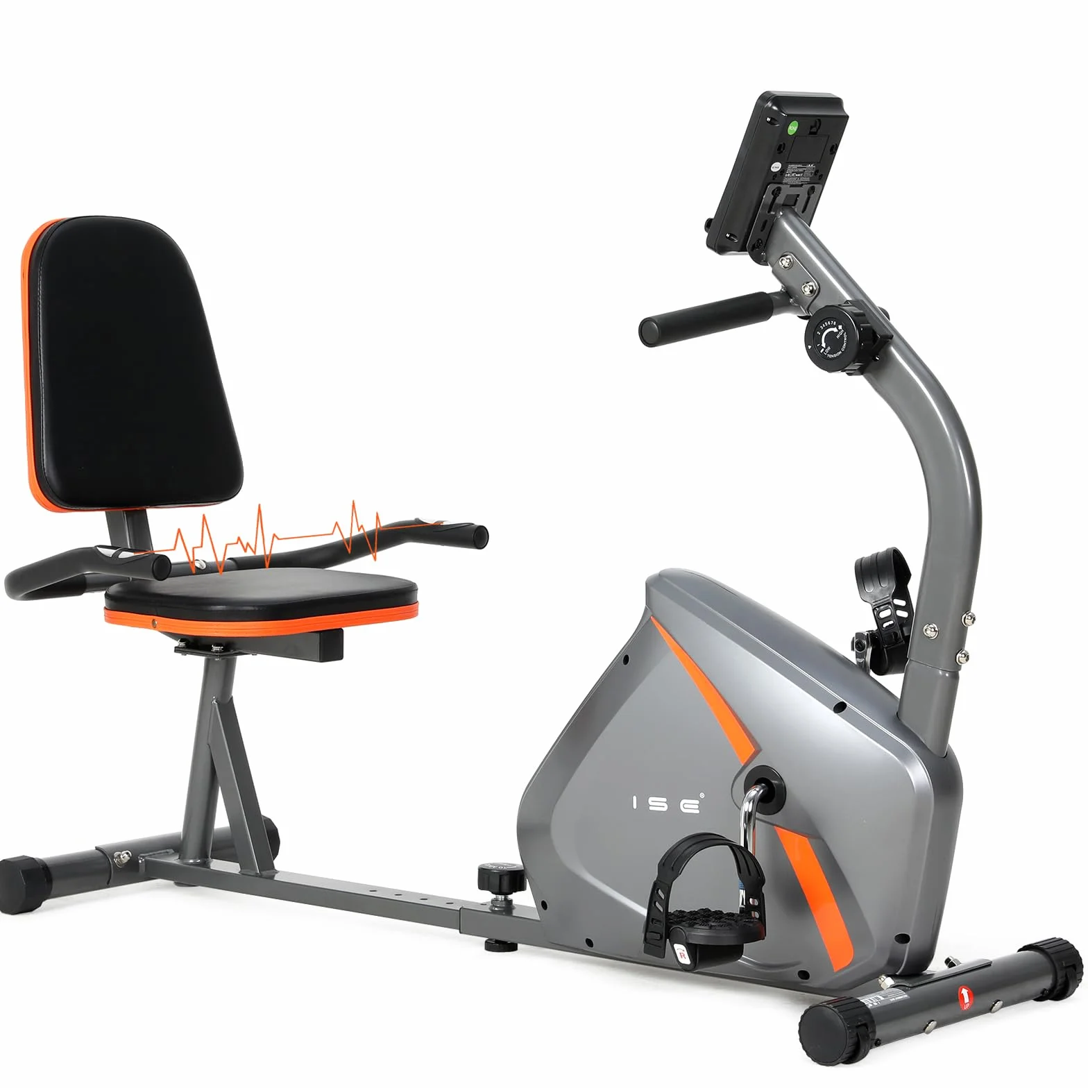 ISE Vélo d'Appartement Semi-Allongé Vélo Couché avec Frein Magnétique, Roues de Transport, Capteurs d'Impulsion, l'Ecran LCD, 8 Niveaux de Résistance Réglables, Velo d appartement Semi Allongé