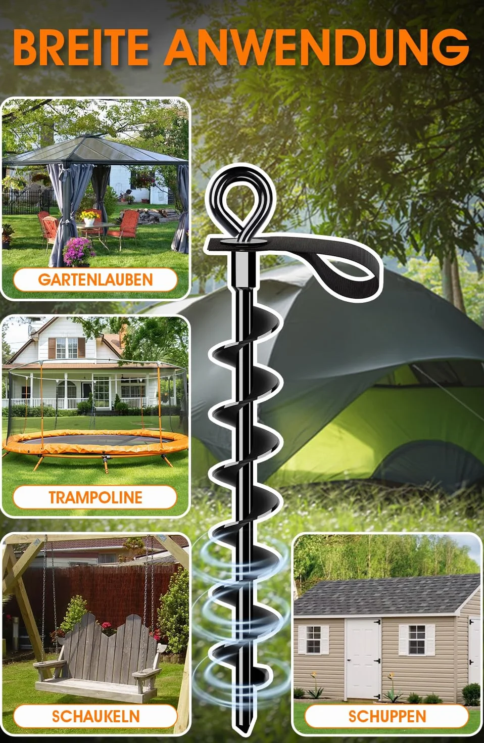 Ancrage au Sol 4 Jeux avec Sangles - Vis Pleine et Large pour Fixation Sûre de Trampoline, Auvent, Balançoire