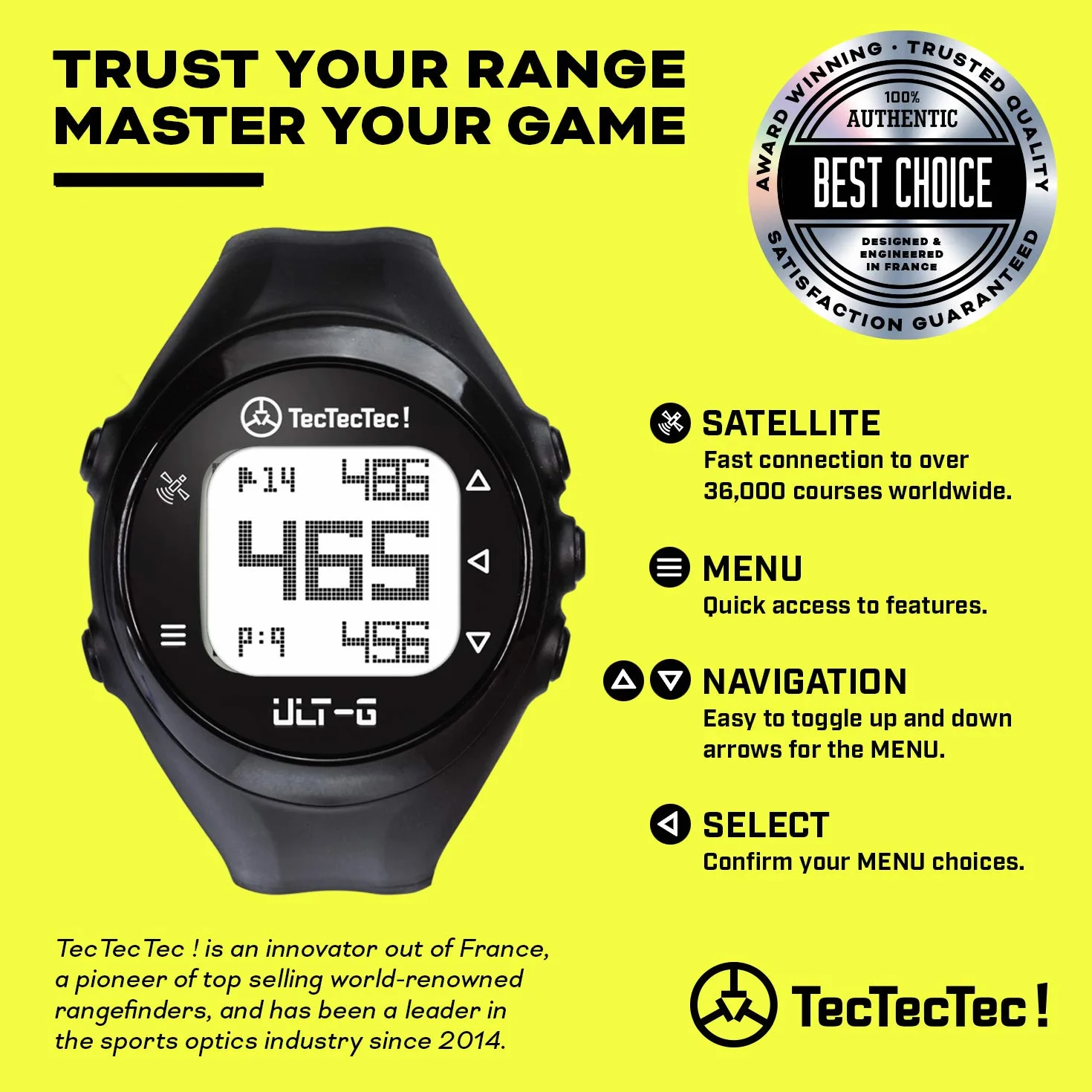 TecTecTec ULT-G - Montre de golf GPS légère, simple et facile à utiliser avec 38 000 parcours mondiaux préchargés