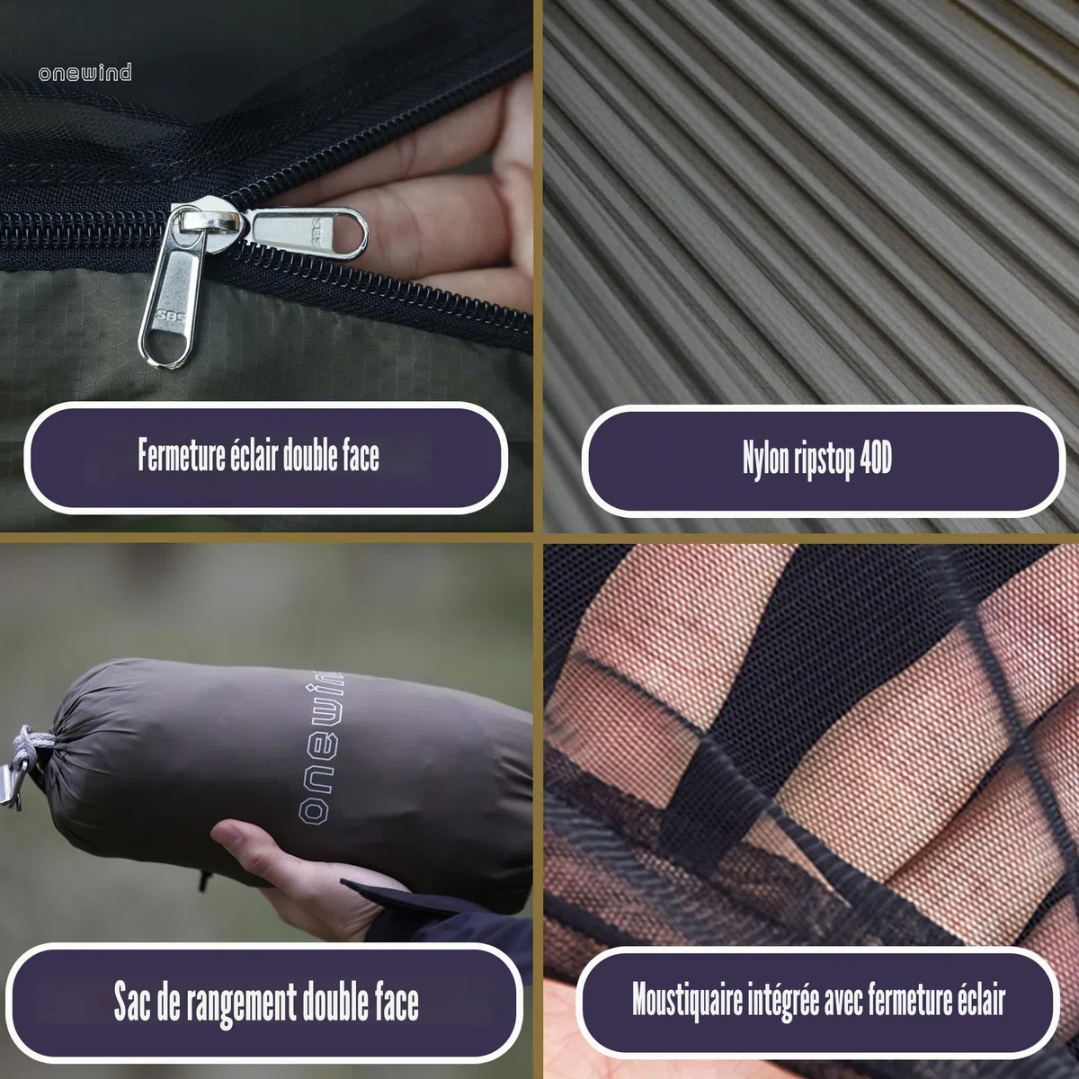 Onewind Hamac de camping de 3,4 m avec moustiquaire et structure Ridgeline, hamac double léger et portable avec sangles d'arbre de 3,7 m, idéal pour le camping, la randonnée, la randonnée, OD vert