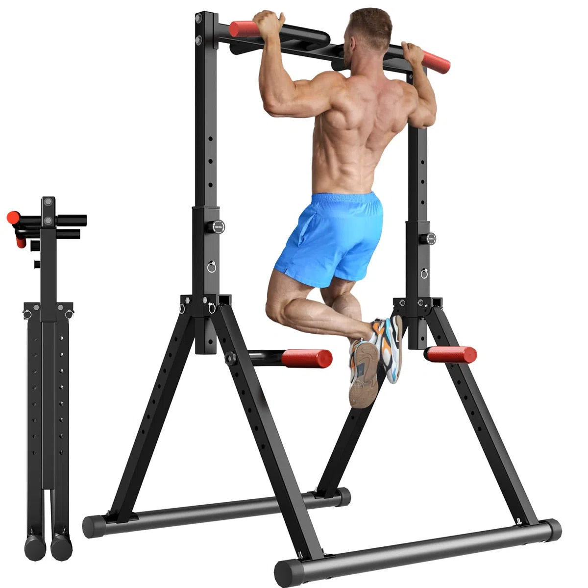 WATBKHE Chaise Romaine Power Tower Dip Station, Barre de Tractions Pliable Musculation, Hauteur Réglable, Structure triangulaire, pour Entraînement à Domicile