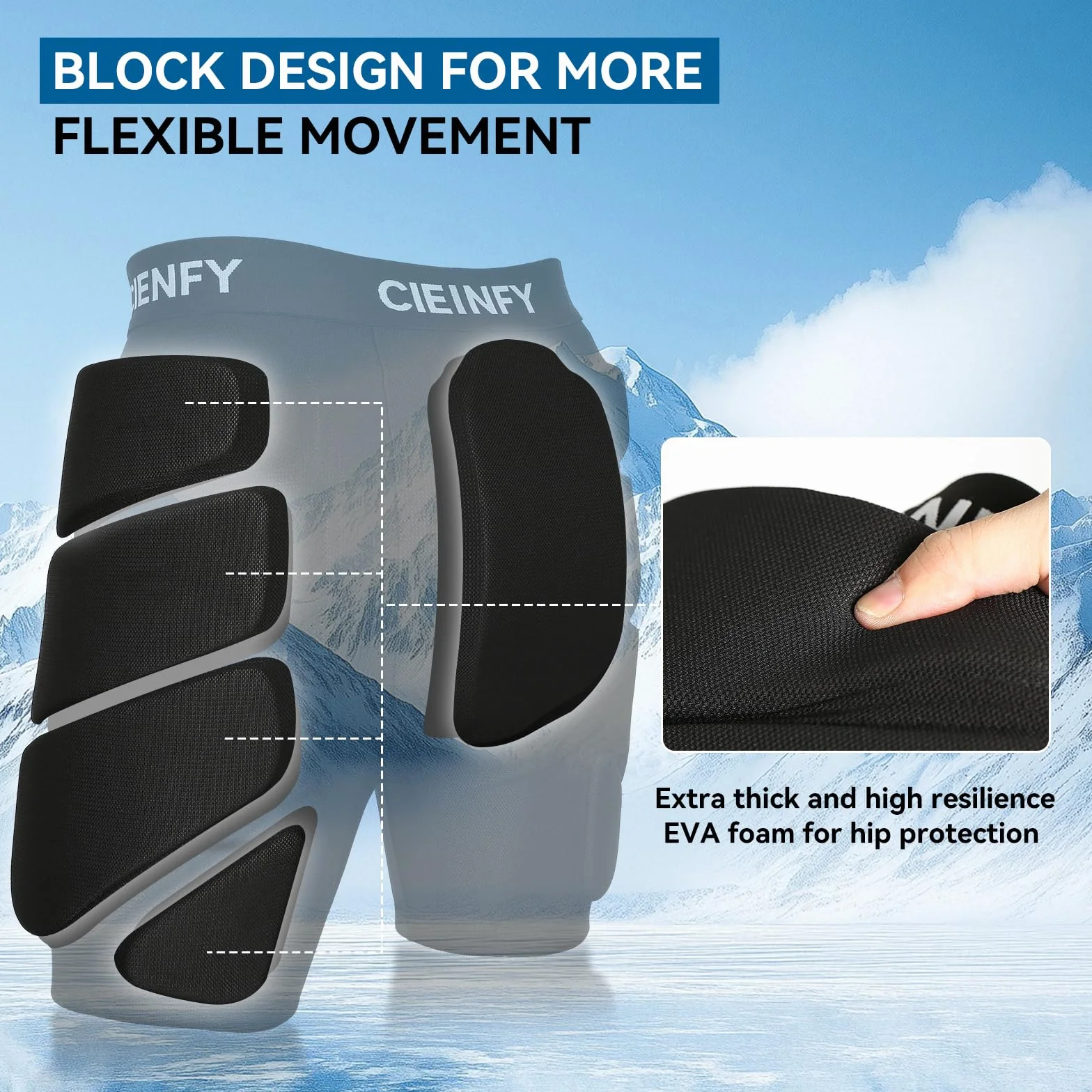 Cienfy Short de Protection rembourré en EVA pour Le Snowboard, Le Patinage et Le Ski, Protection des Hanches 3D pour Hanches, Fesses et Coccyx