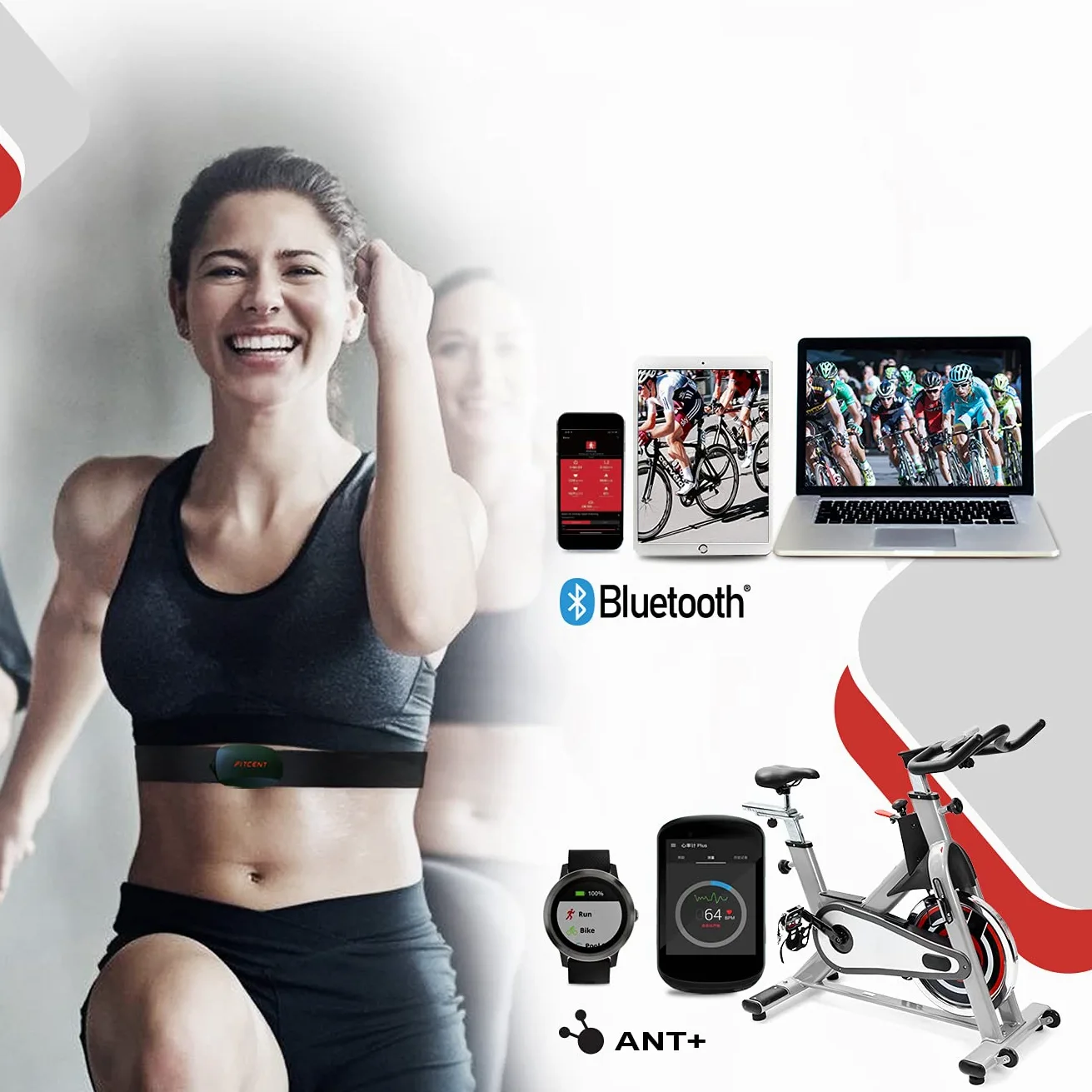 FITCENT Moniteur de Fréquence Cardiaque Bluetooth Ant+, Ceinture Cardiofréquencemètre Waterproof avec Ceinture Pectoral Compatible avec Garmin Wahoo Polar