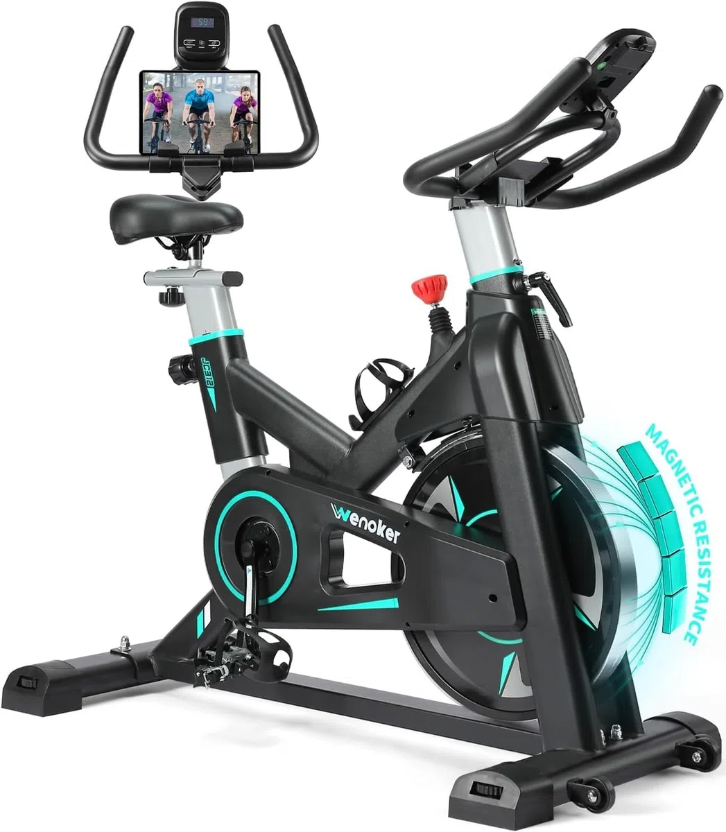 Wenoker Vélo d'Appartement Spinning, Résistance Magnétique Ajustable, Vélo d'Exercice à Siège Confortable et Écran, Entrainement Cardio Home Trainer, capacité de charge de 160 kg